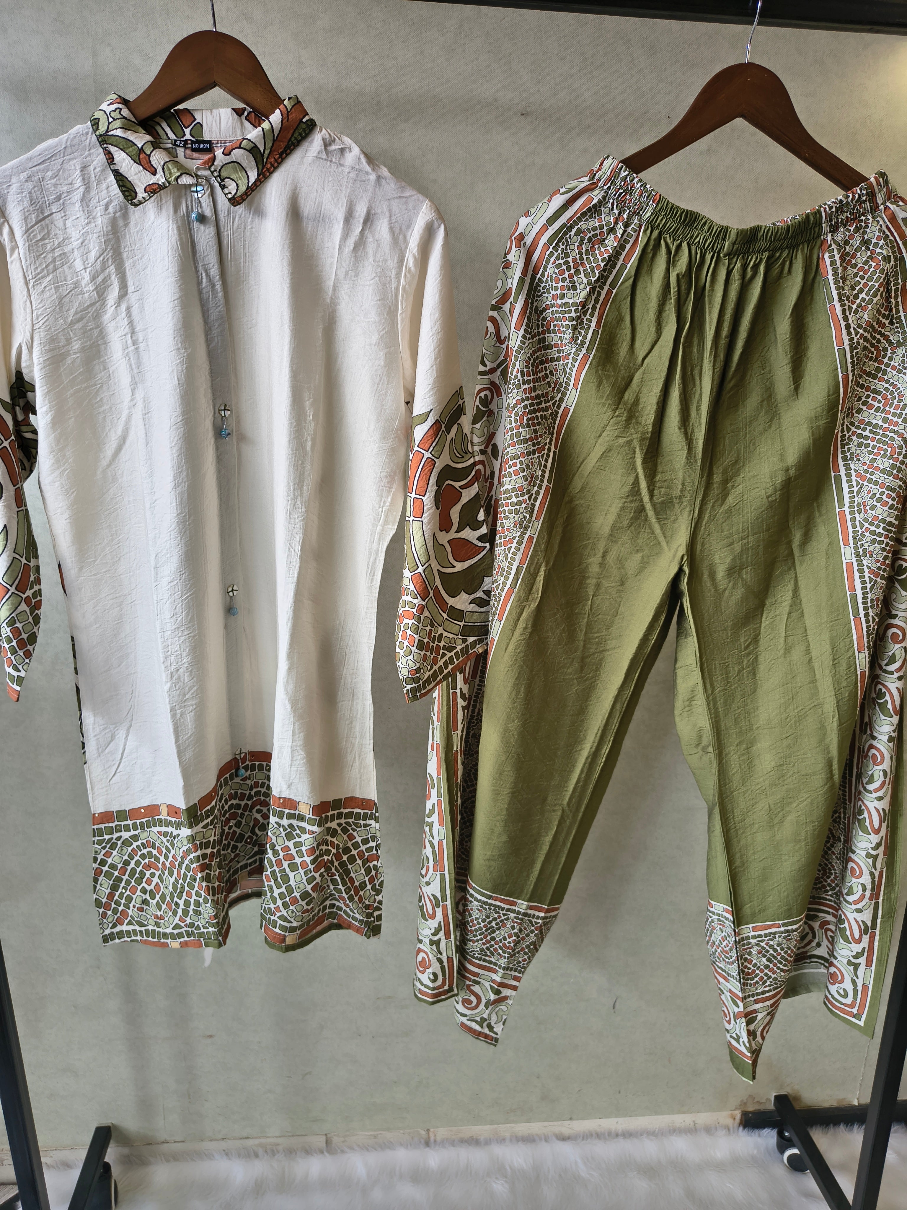 Image of Premium Ivory Printed Cotton Kurta with Olive Pants & Printed Dupatta Set