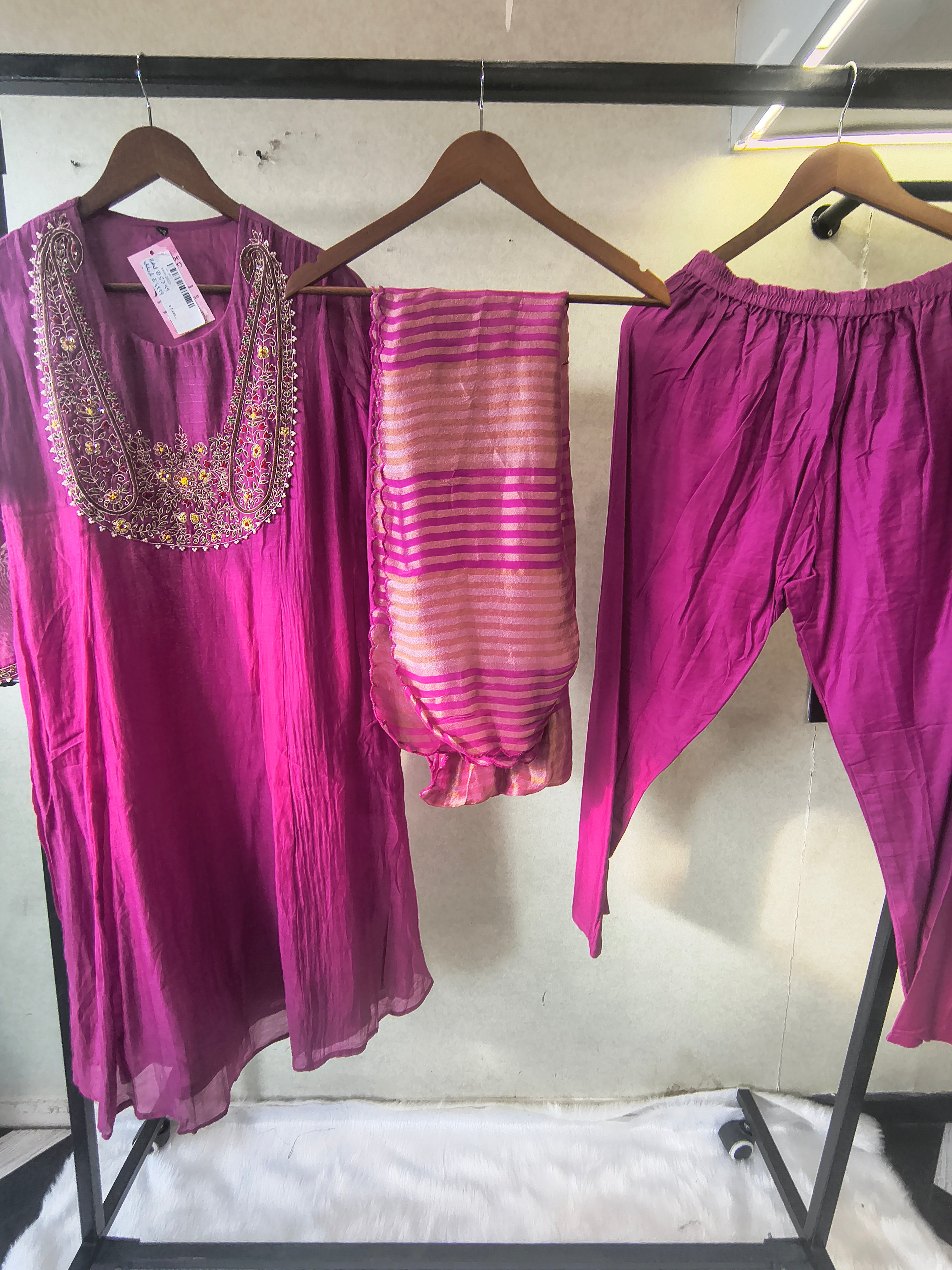 Image of Magenta Embroidered Straight Kurta Set with Heavy Handcrafted Yoke, Striped Organza Dupatta & Premium 3 Piece Ethnic Ensemble