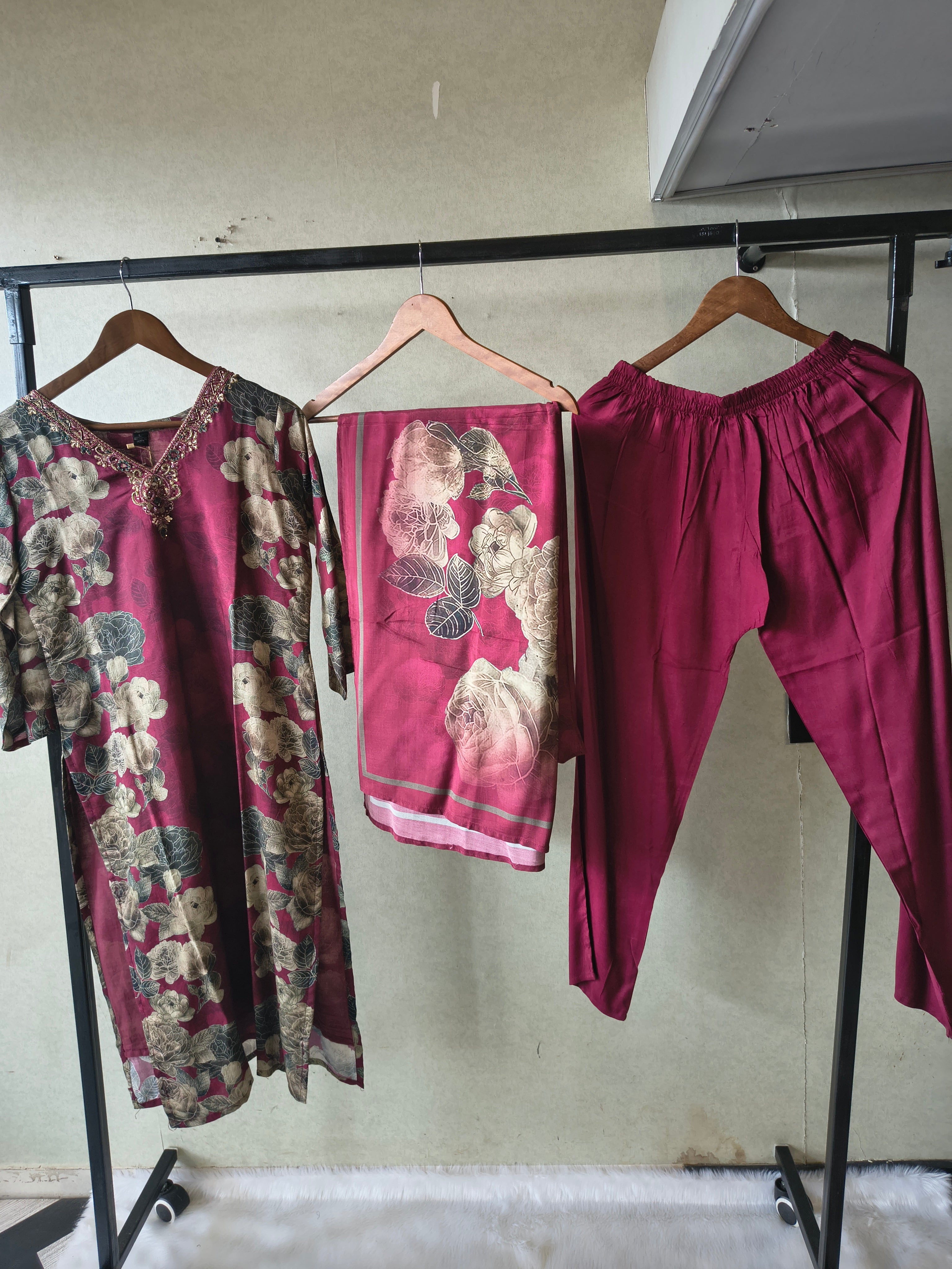 Image of Premium Wine Floral Printed Kurta Set with Solid Pants & Printed Dupatta