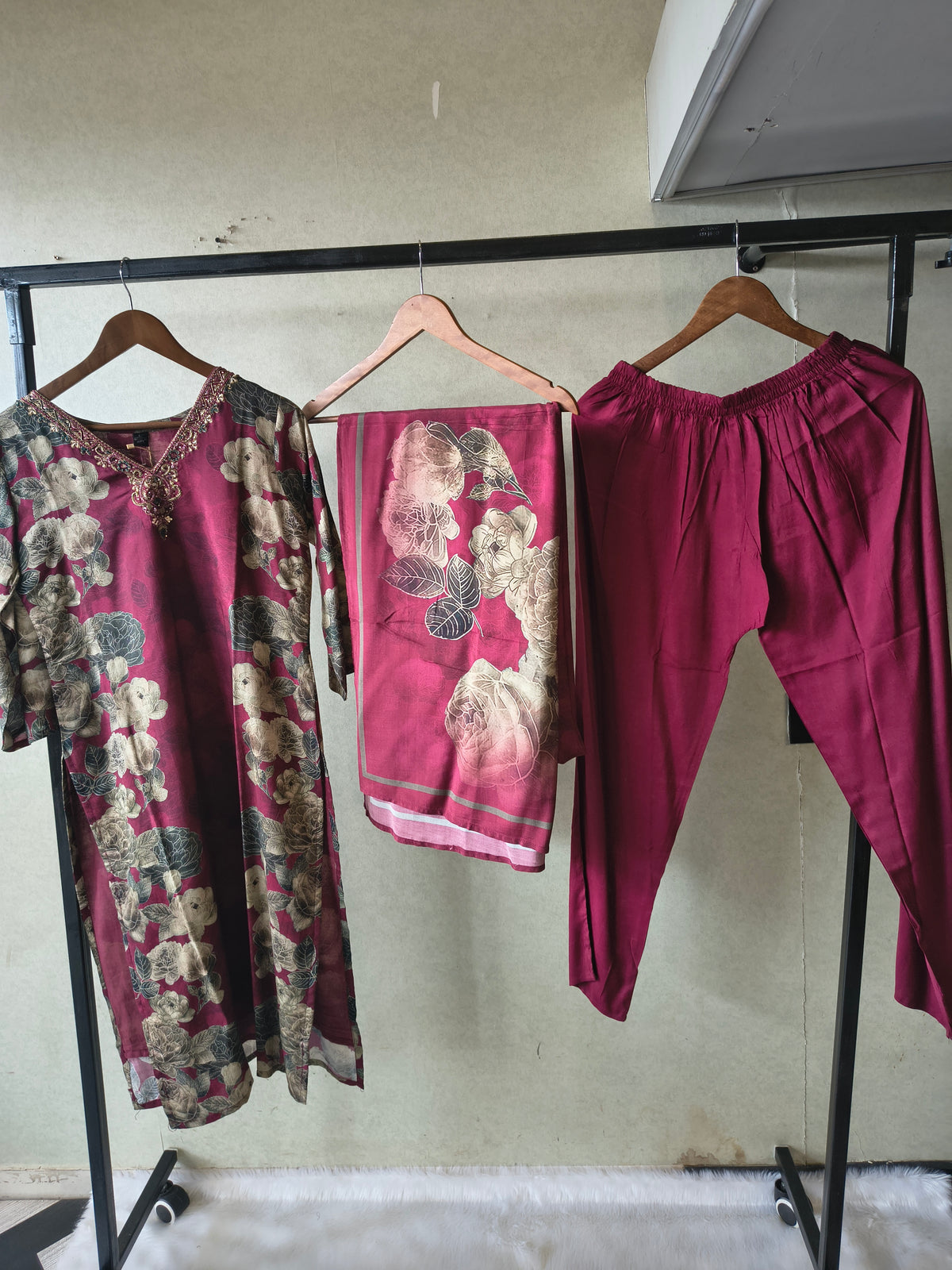 Premium Wine Floral Printed Kurta Set with Solid Pants & Printed Dupatta