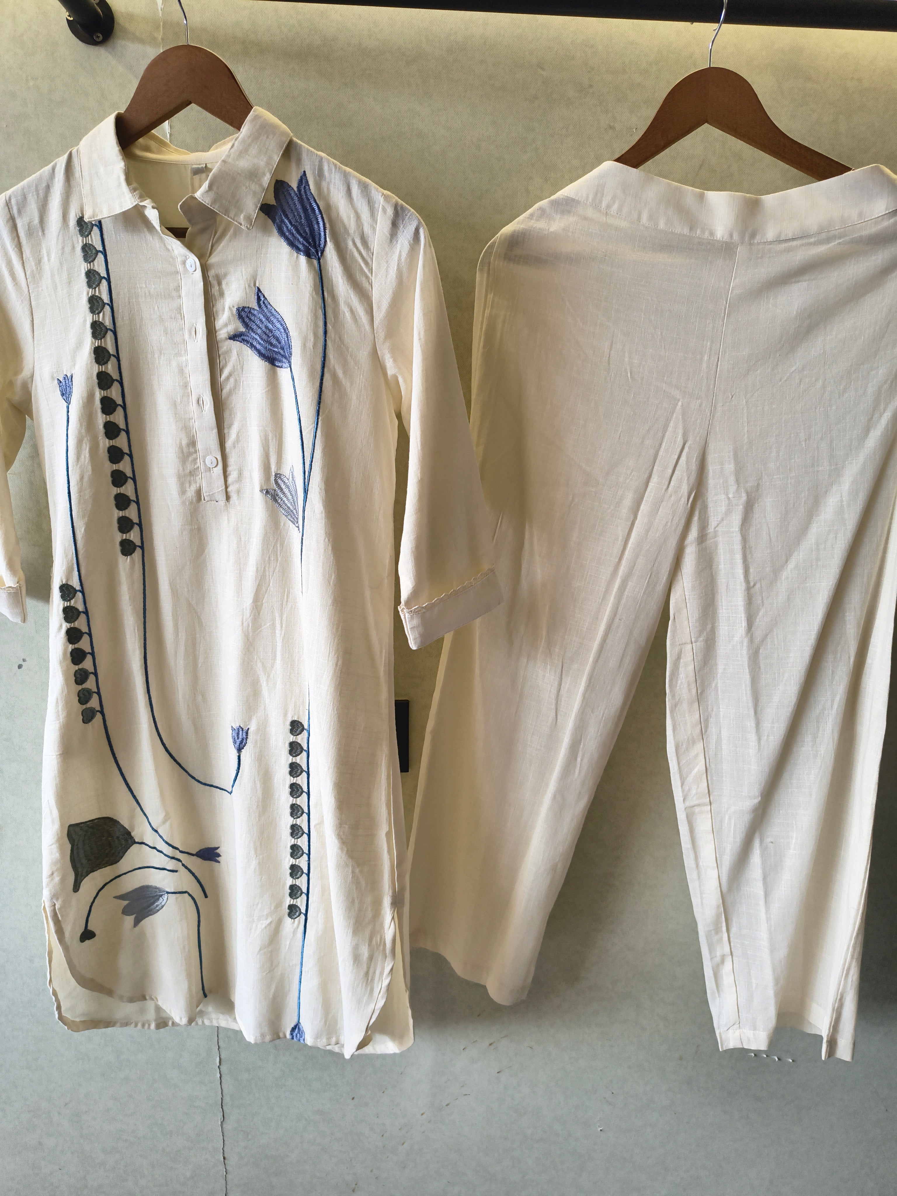 Image of Ivory Botanical Embroidered Cotton Co-Ord Set