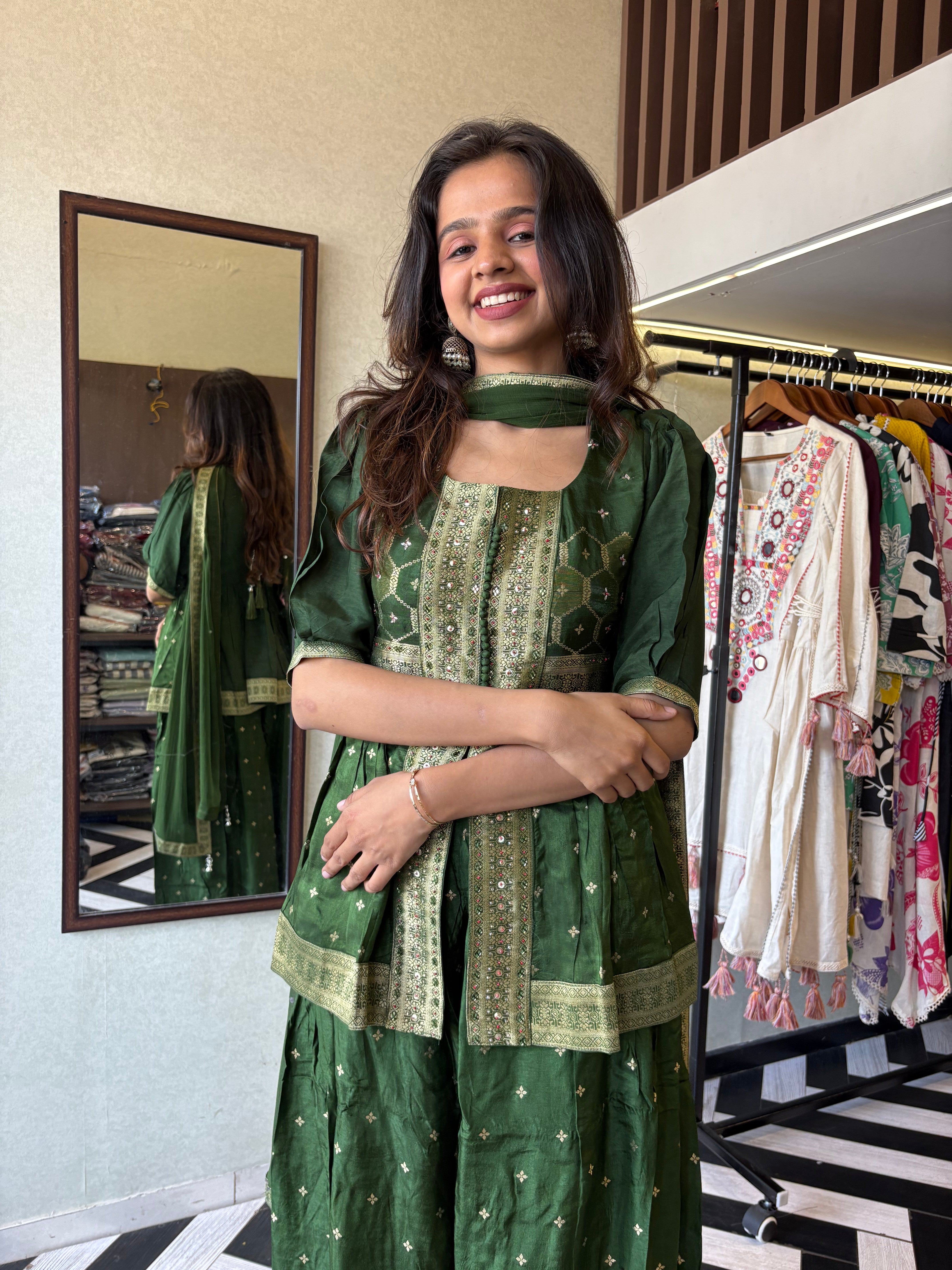 Image of our premium pure silk 3-piece Indo-Western set in stunning green! From dazzling mirror & handwork on the jacket-style top to the flowing plazzo and dupatta