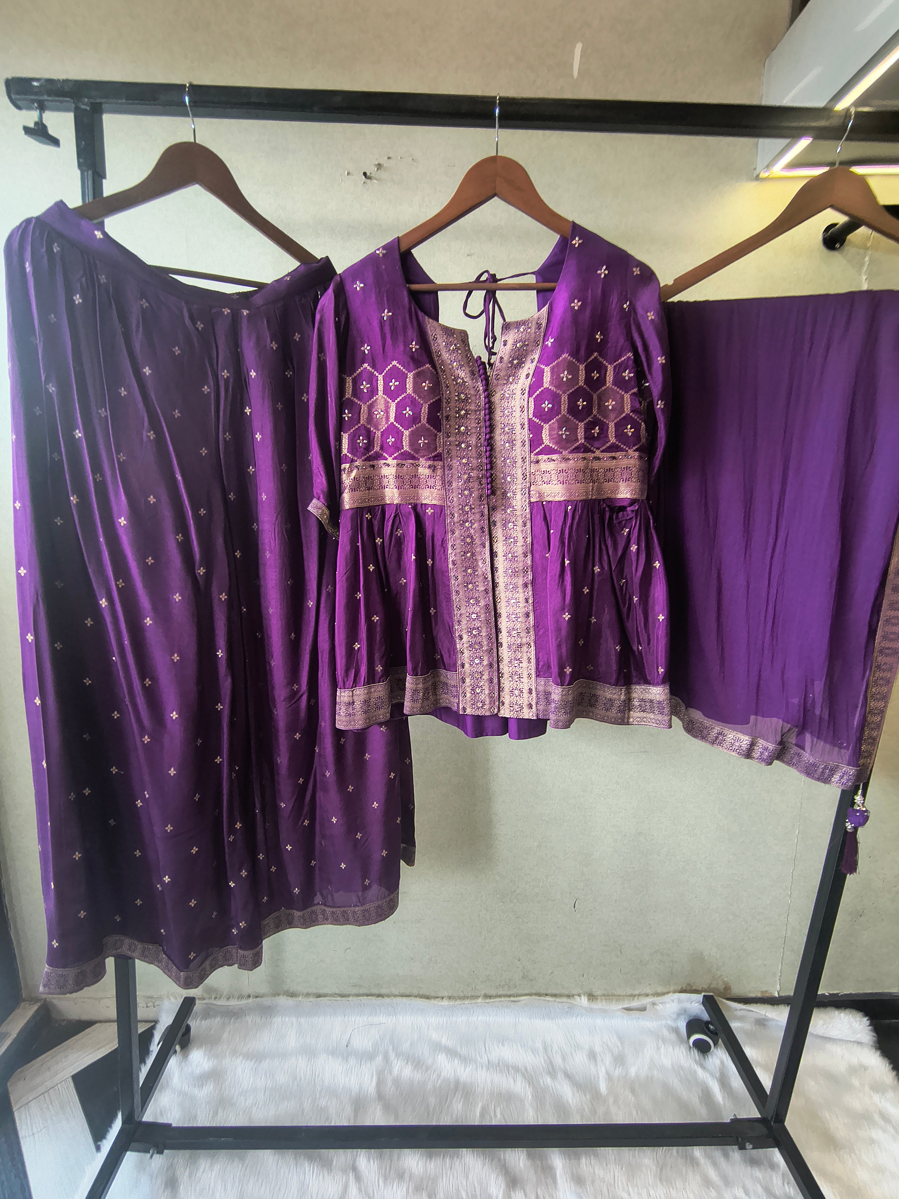 Image of Royal Purple Tissue Silk Embroidered Peplum Jacket with Flared Palazzo & Designer Dupatta – 3 Piece Festive Indo-Western Set