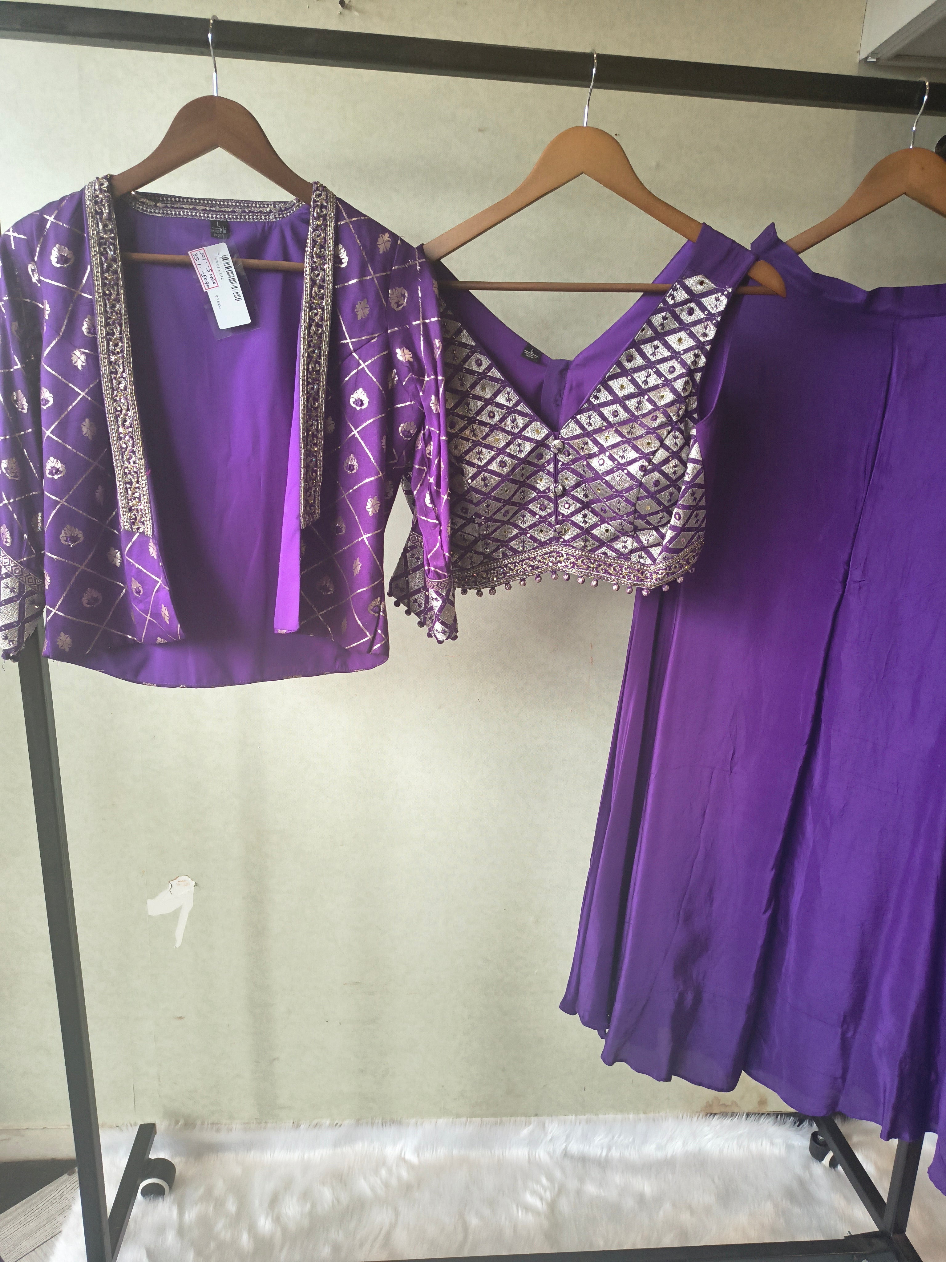 Image of Royal Purple Mirror Embellished Blouse with Printed Jacket & Flared Palazzo – 3 Piece Designer Indo-Western Set