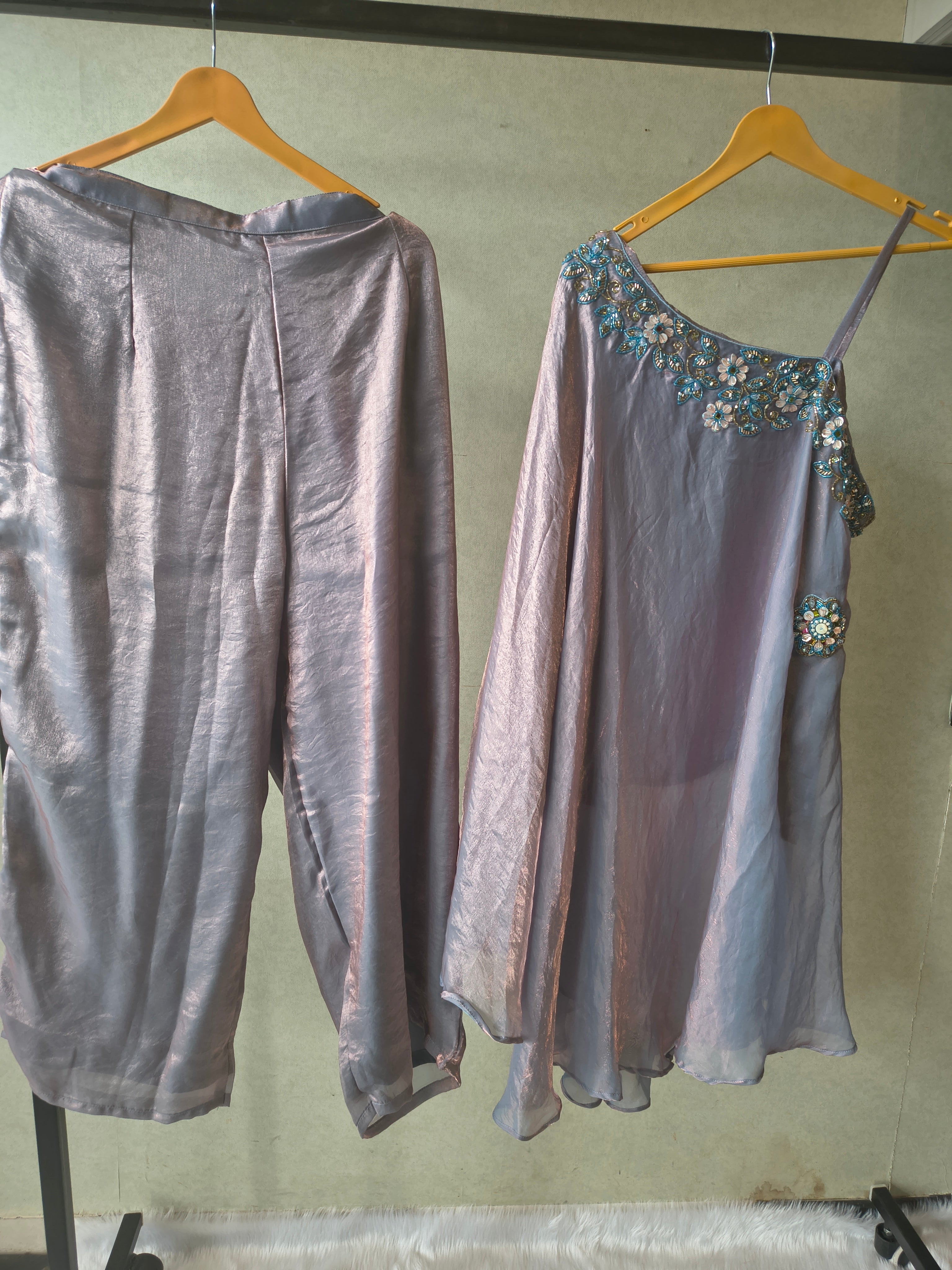 Image of Designer Lilac One-Shoulder Cape Top with Draped Tulip Pants – Luxury Indo-Western Co-Ord Set