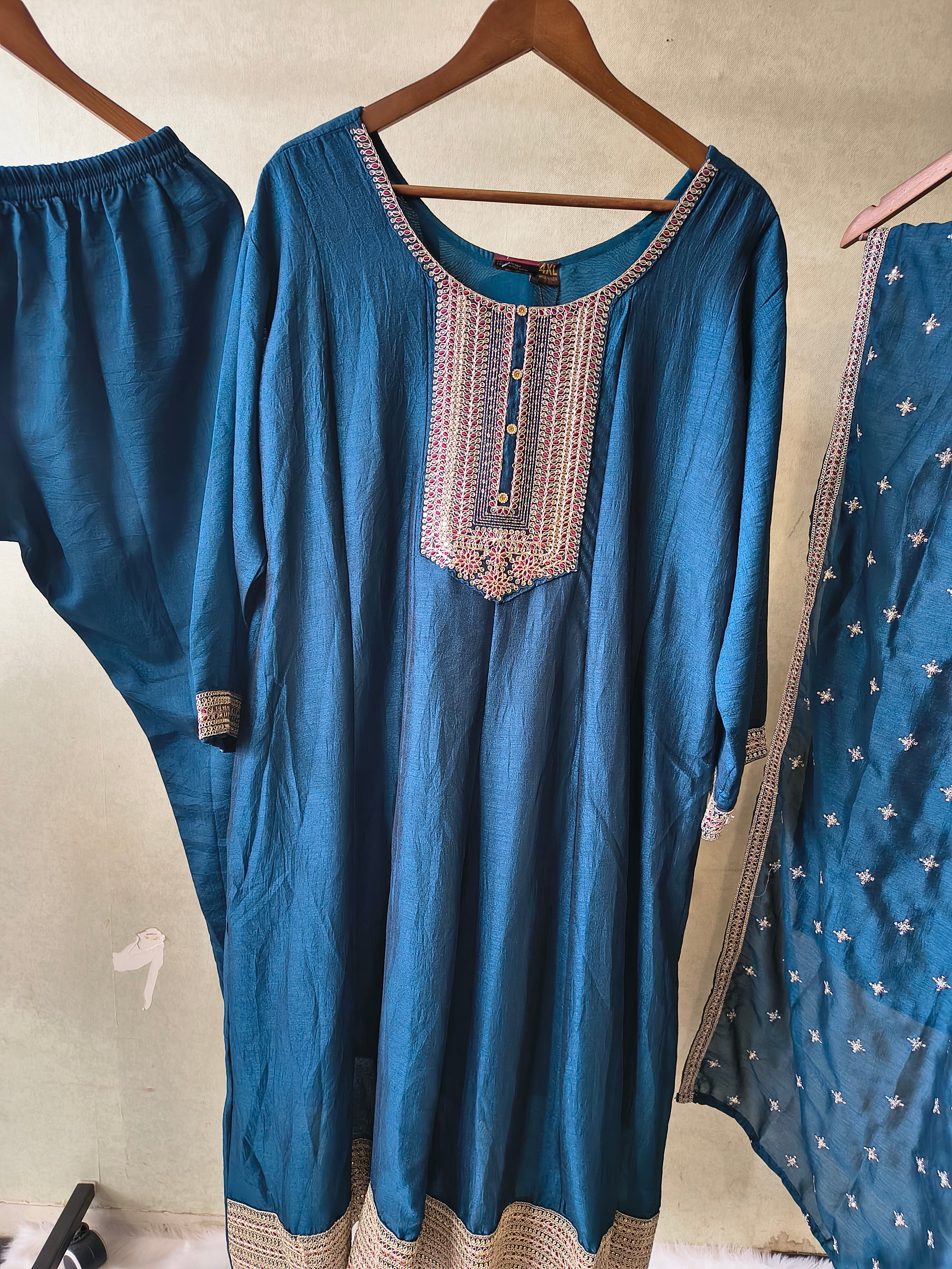 Image of Premium Teal Blue Embroidered Kurta Set with Dupatta