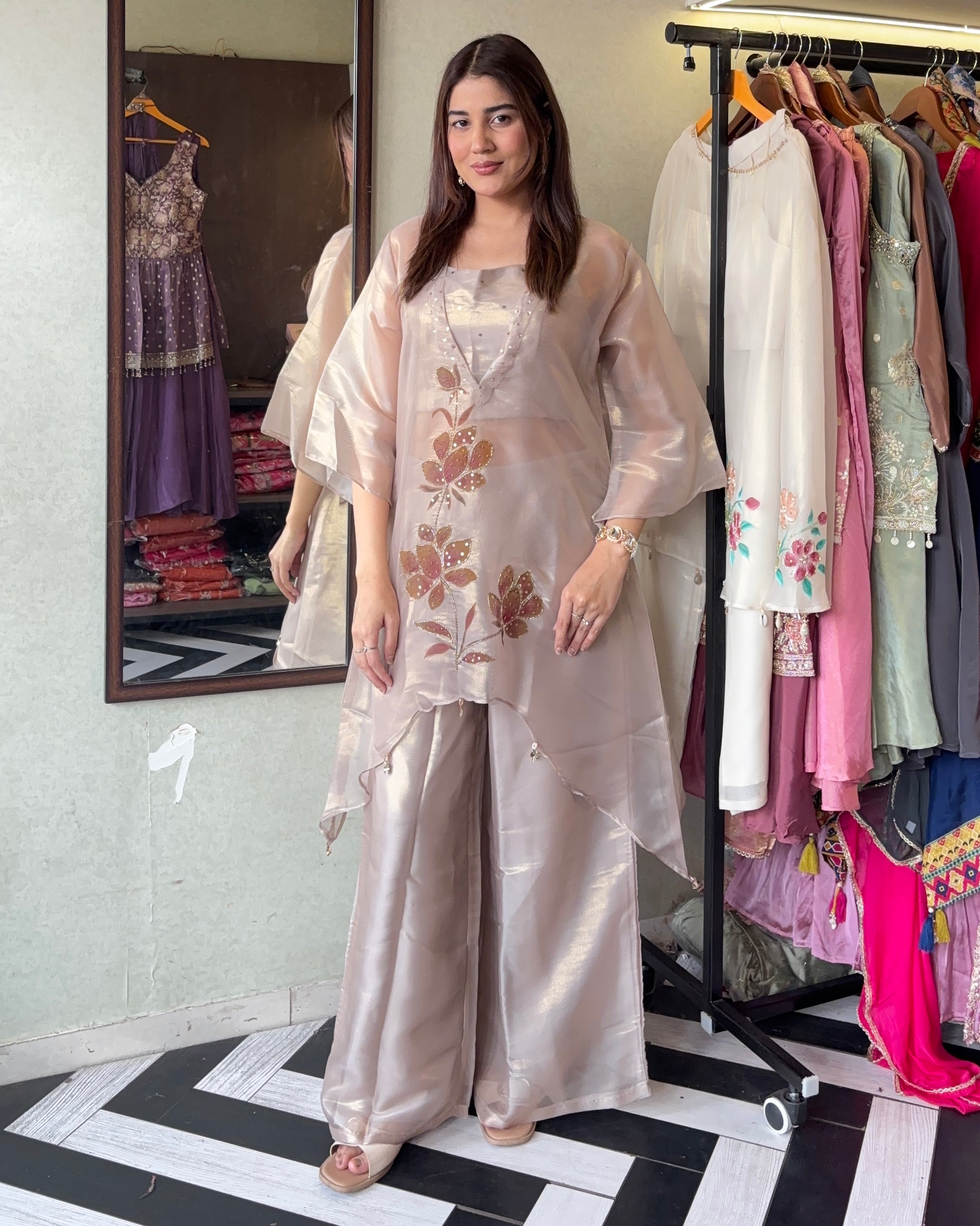 Image of Pure Tissue Shimmer 3 Piece Fusion Indian Coord Set