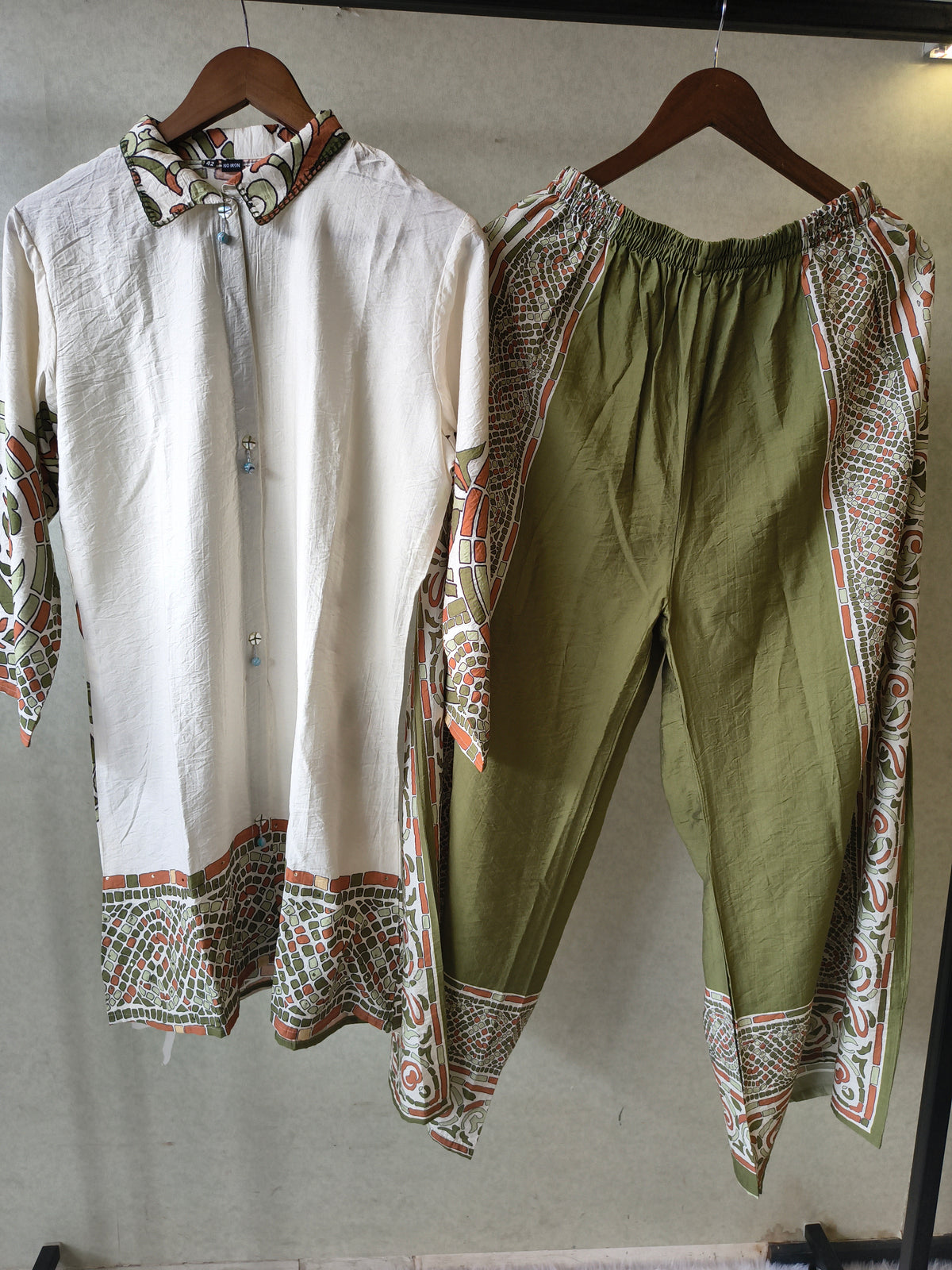 Premium Ivory Printed Cotton Kurta with Olive Pants & Printed Dupatta Set