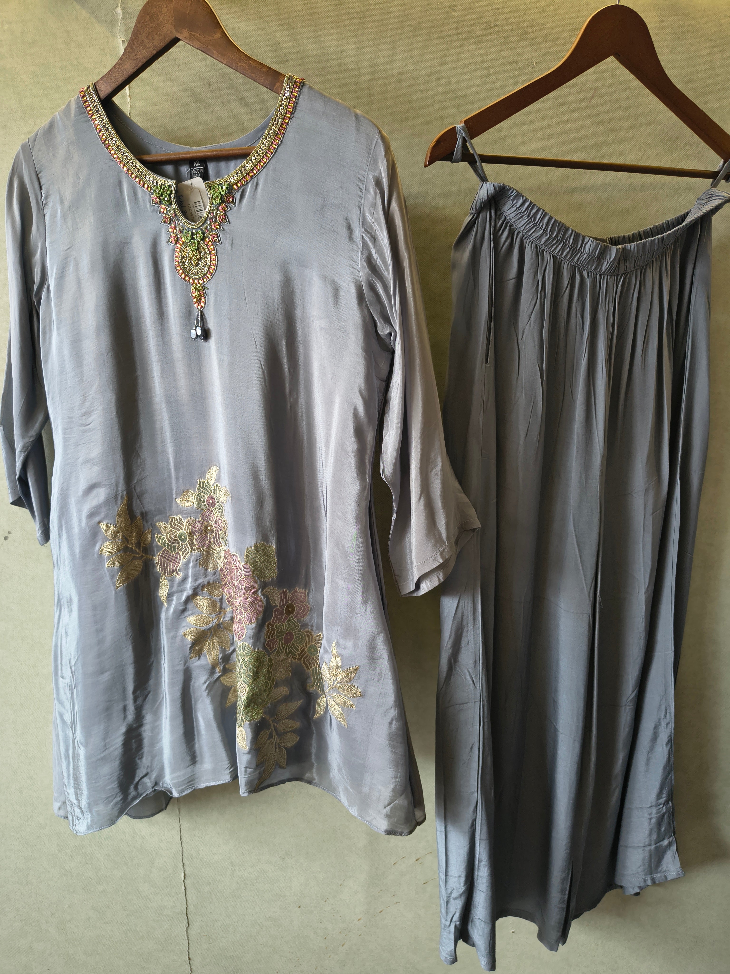 Image of Grey Embroidered Premium Silk Co-Ord Set