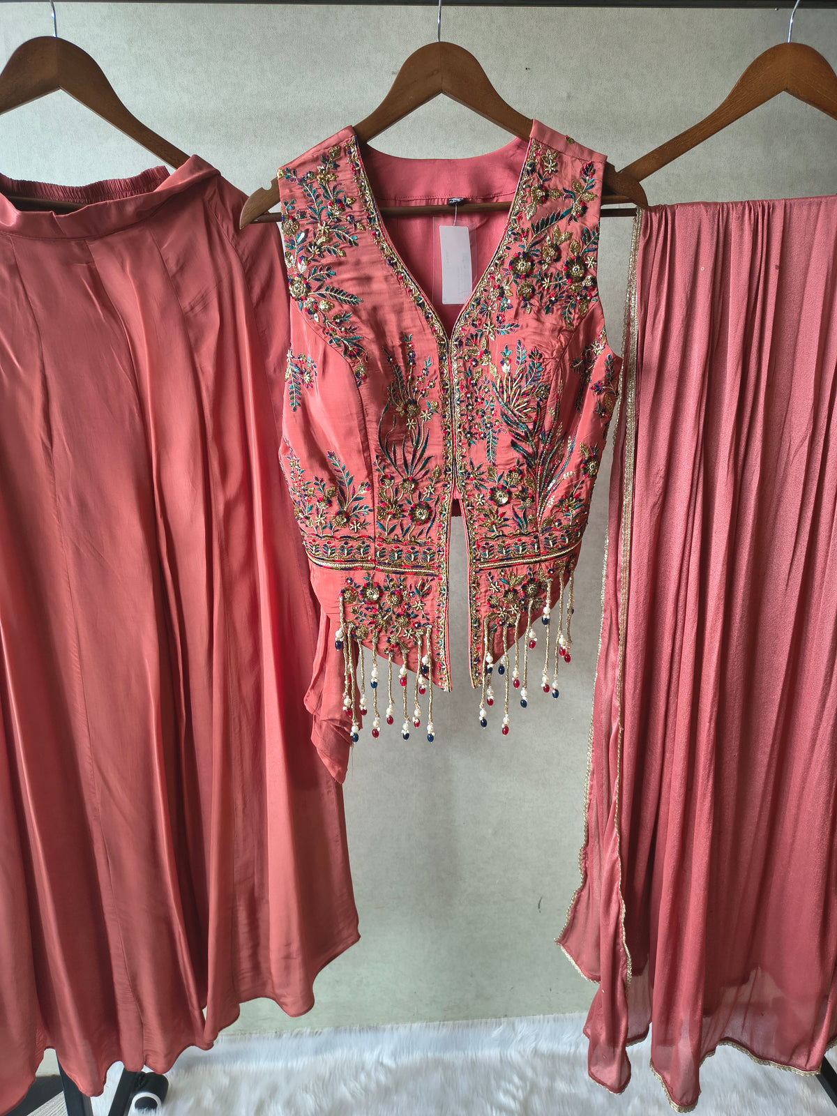 Premium Dusty Rose 3-Piece Designer Lehenga Set with Heavily Embroidered Jacket Blouse & Sequined Dupatta