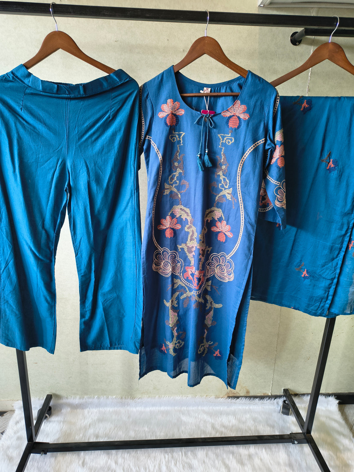 Teal Blue Cotton 3-Piece Suit Set with Floral Vine Embroidery & Embroidered Dupatta