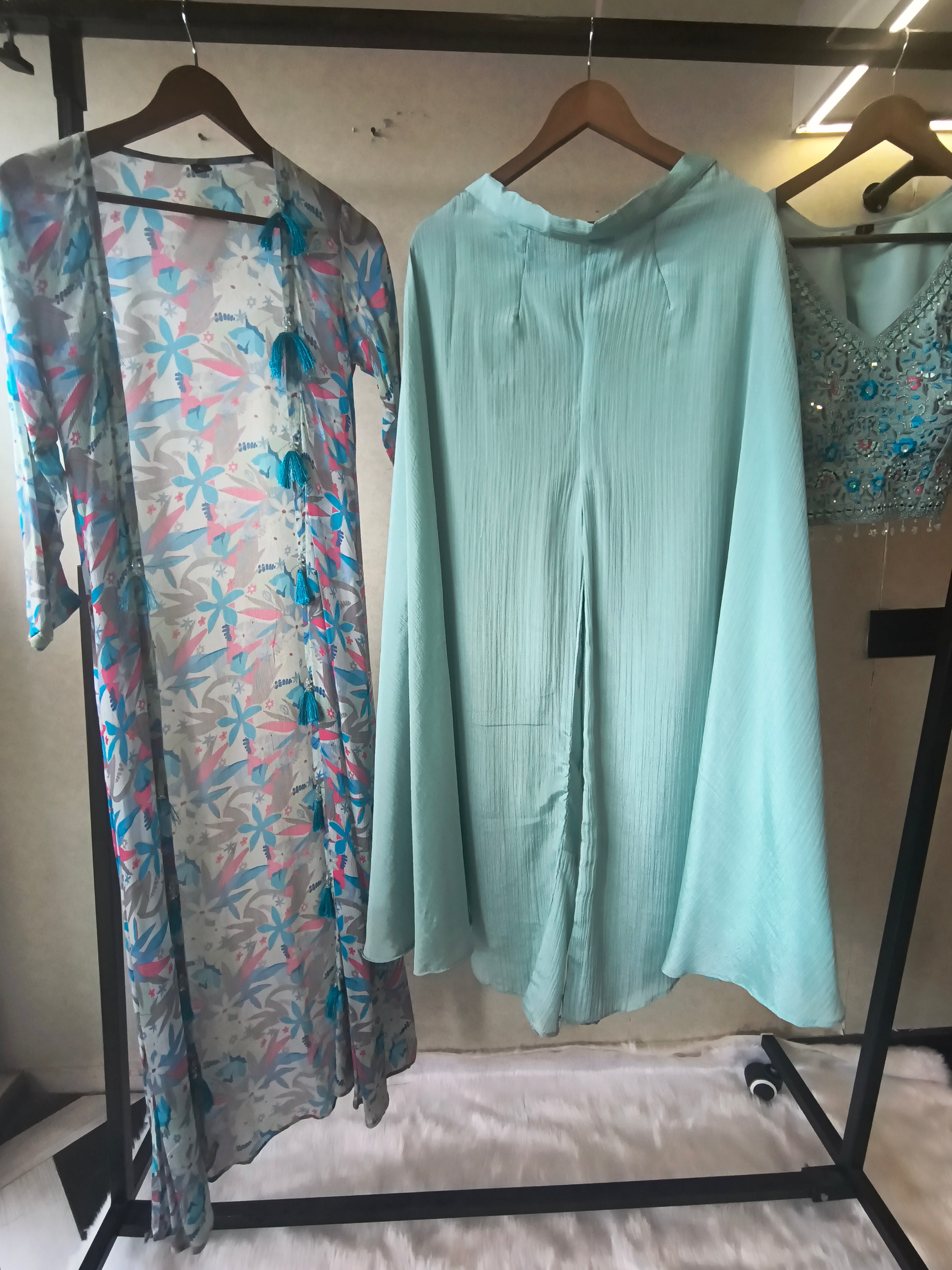 Image of Powder Blue Mirror Embroidered Blouse with Drape Palazzo & Printed Tassel Dupatta – Designer 3 Piece Indo-Western Set