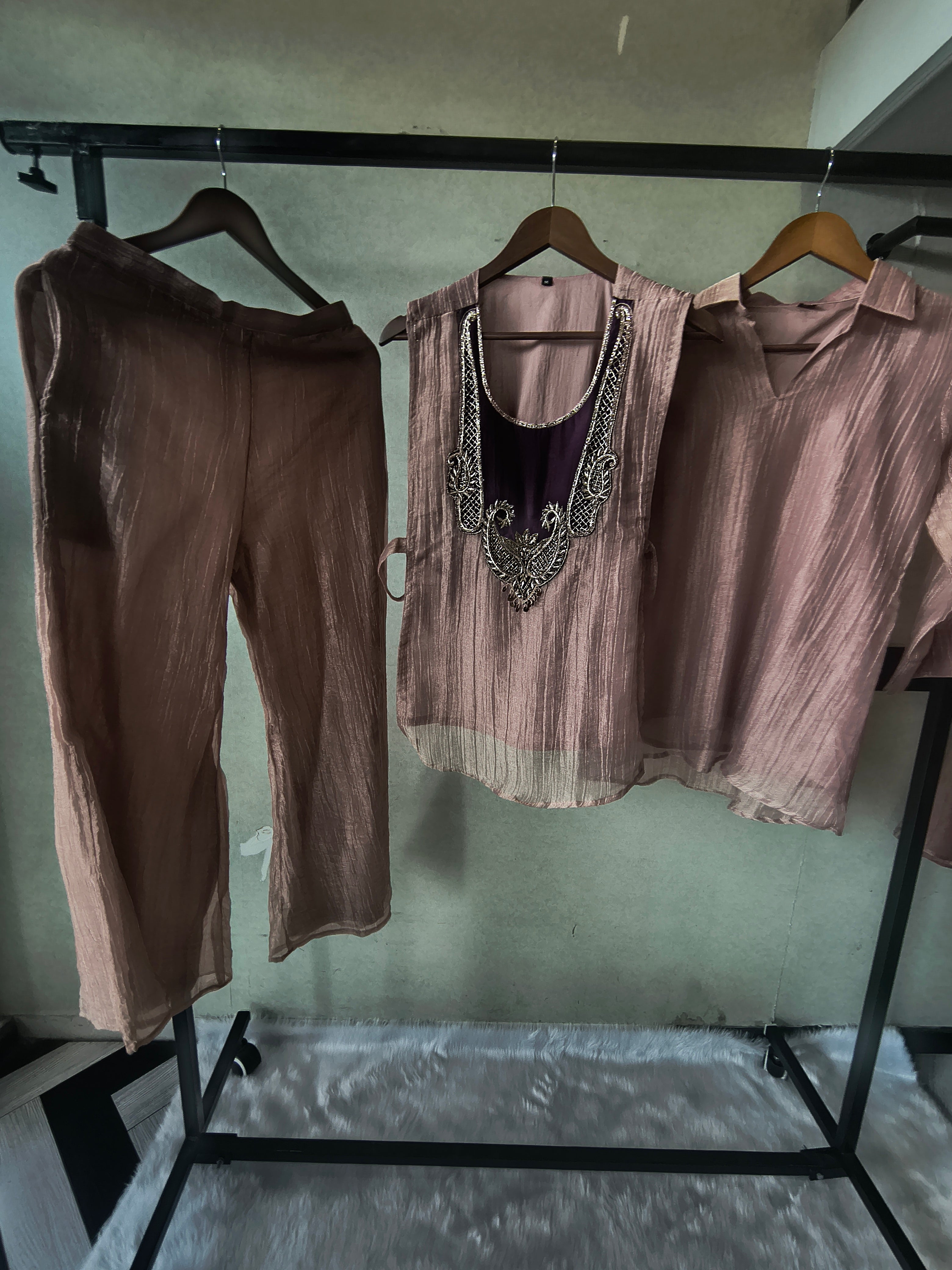 Image of Premium Champagne Tissue Silk Embroidered Kurta with Hand Embellished Statement Yoke