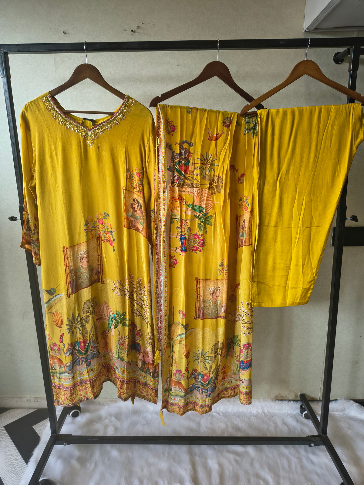 Premium Mustard Yellow Heritage Print Straight Kurta Set with Scenic Dupatta & Straight Pants
