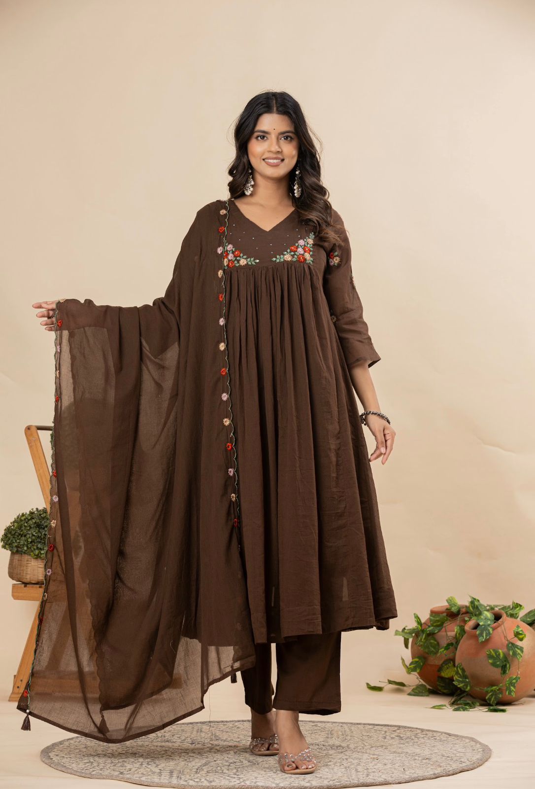 Image of Pure Mull Chanderi Cotton Anarkali Set