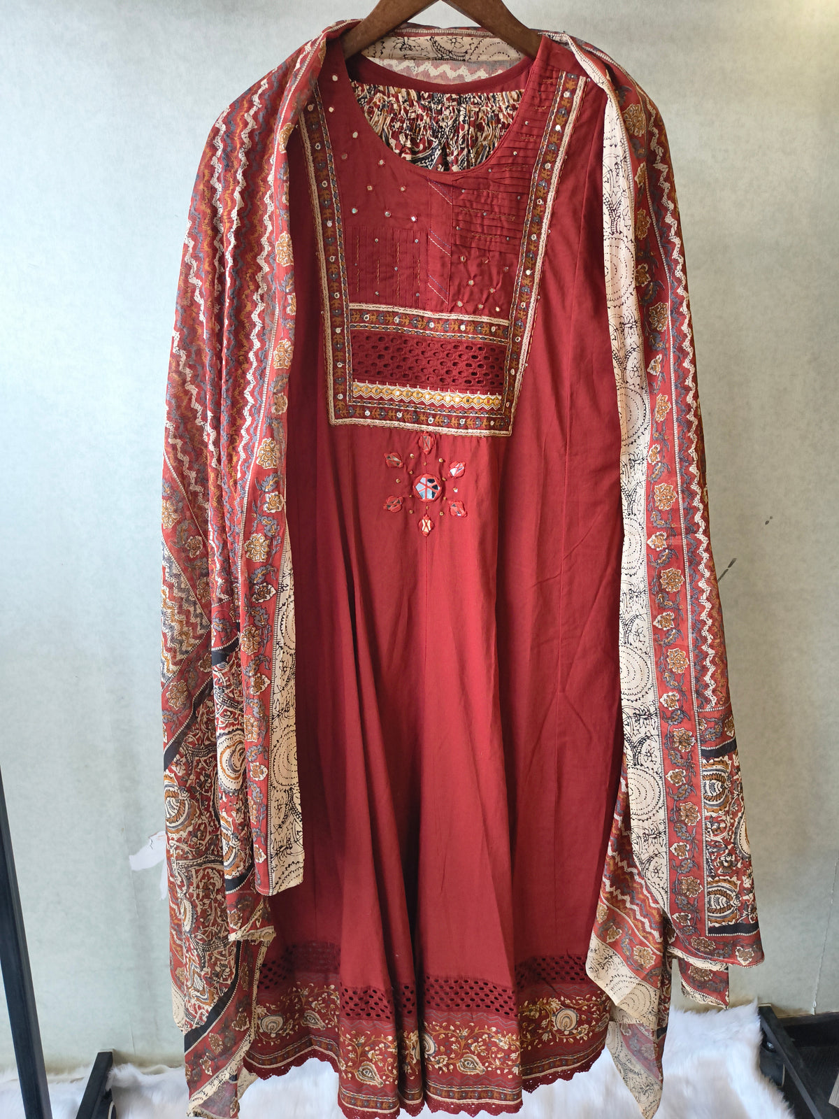 Rust Red Embroidered Three-Piece Kurta Set with Printed Pant & Designer Dupatta