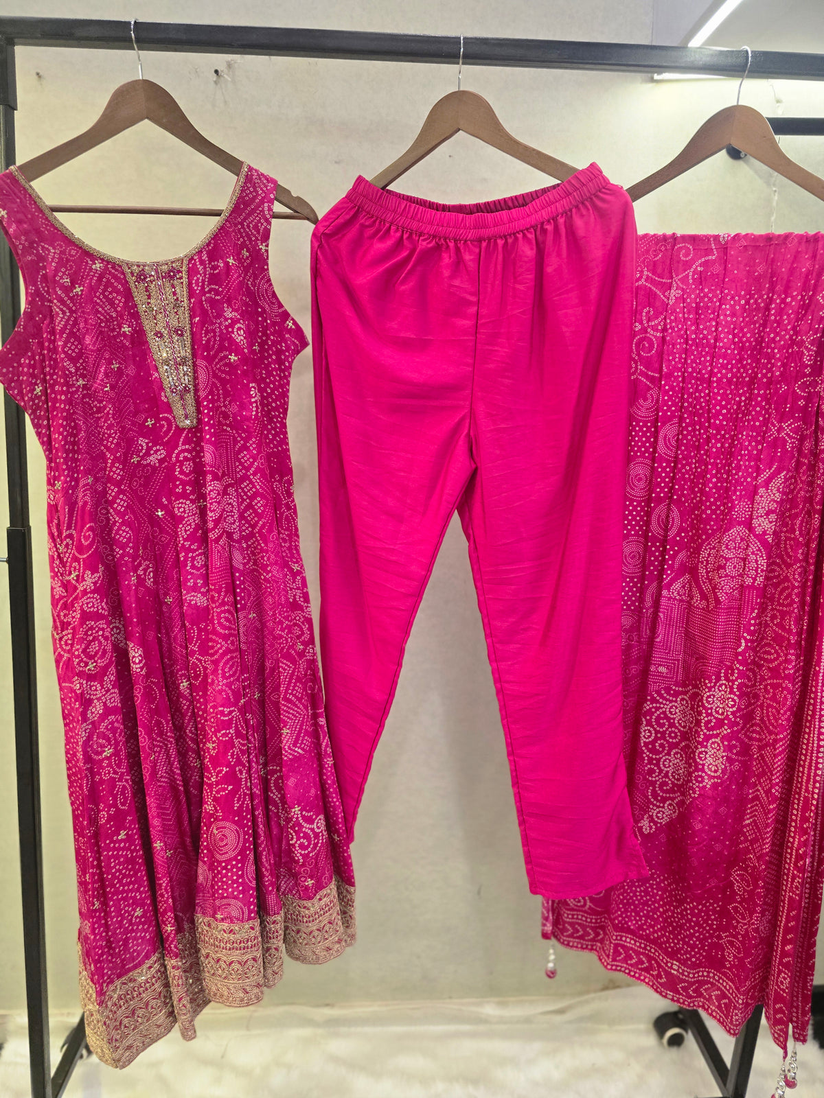 Rani Pink Bandhani Print Sleeveless Anarkali Kurta Set with Printed Dupatta | Premium 3 Piece Ethnic Suit