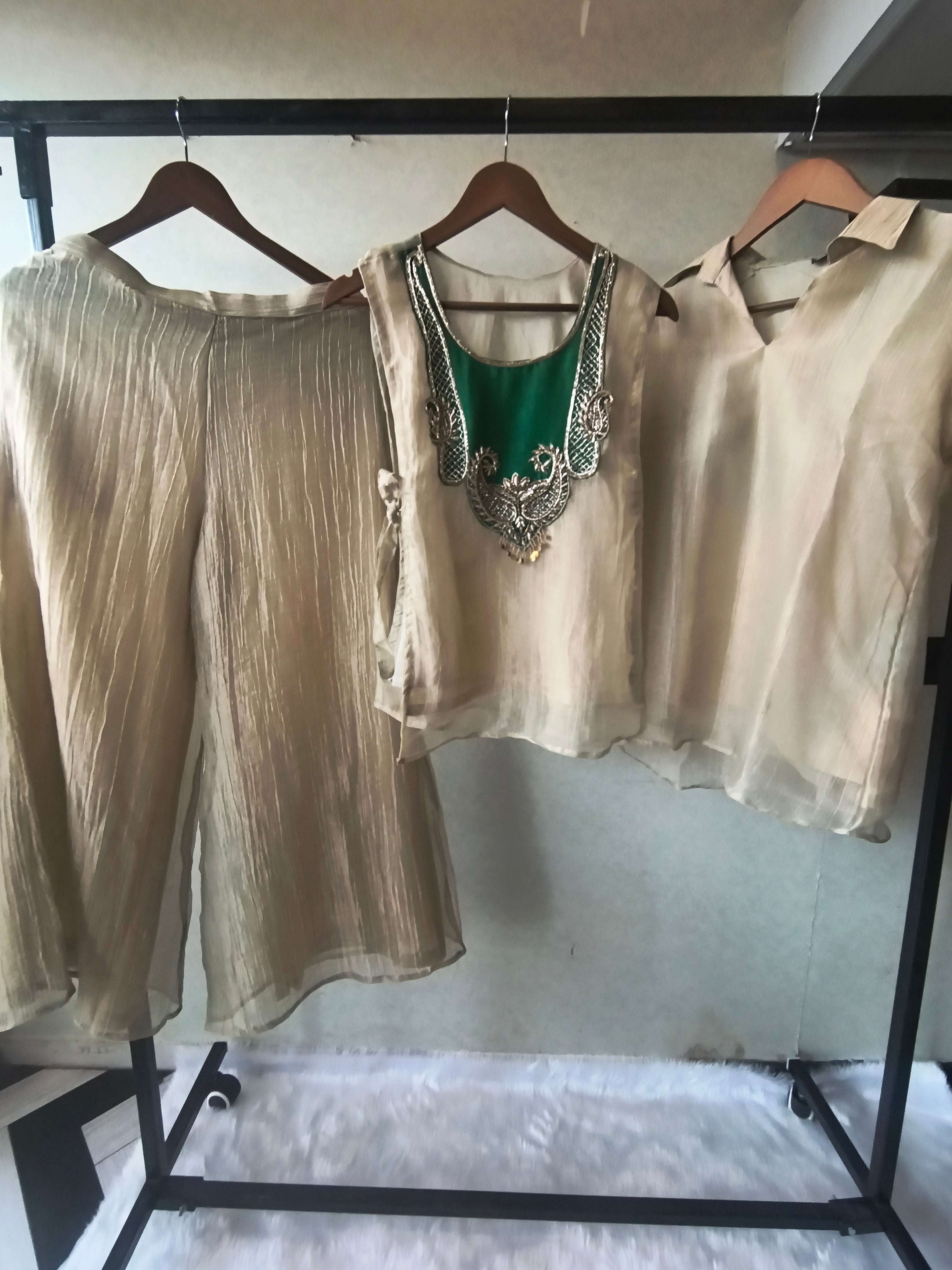 Image of Premium Champagne Gold Tissue Silk 3-Piece Co-Ord Set with Emerald Hand Embellished Jacket, Inner & Palazzo