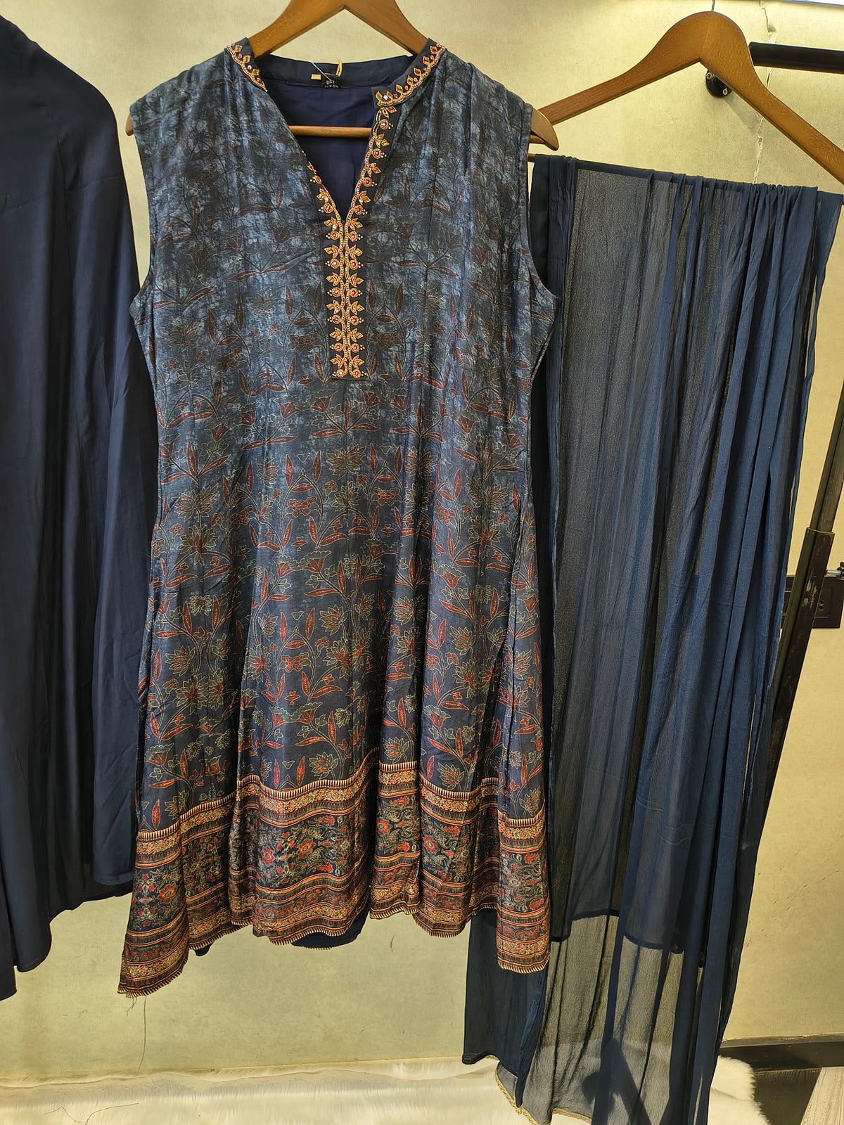 Midnight Navy Printed Anarkali Kurta Set with Embroidered Neckline, Palazzo & Chiffon Dupatta | Premium 3 Piece Festive Ensemble