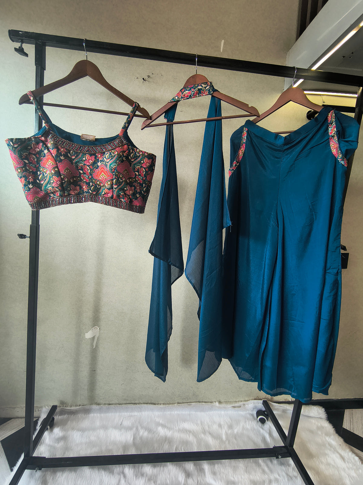 Teal Printed Designer Blouse with Drape Palazzo & Cape – 3 Piece Indo-Western Fusion Party Wear Set