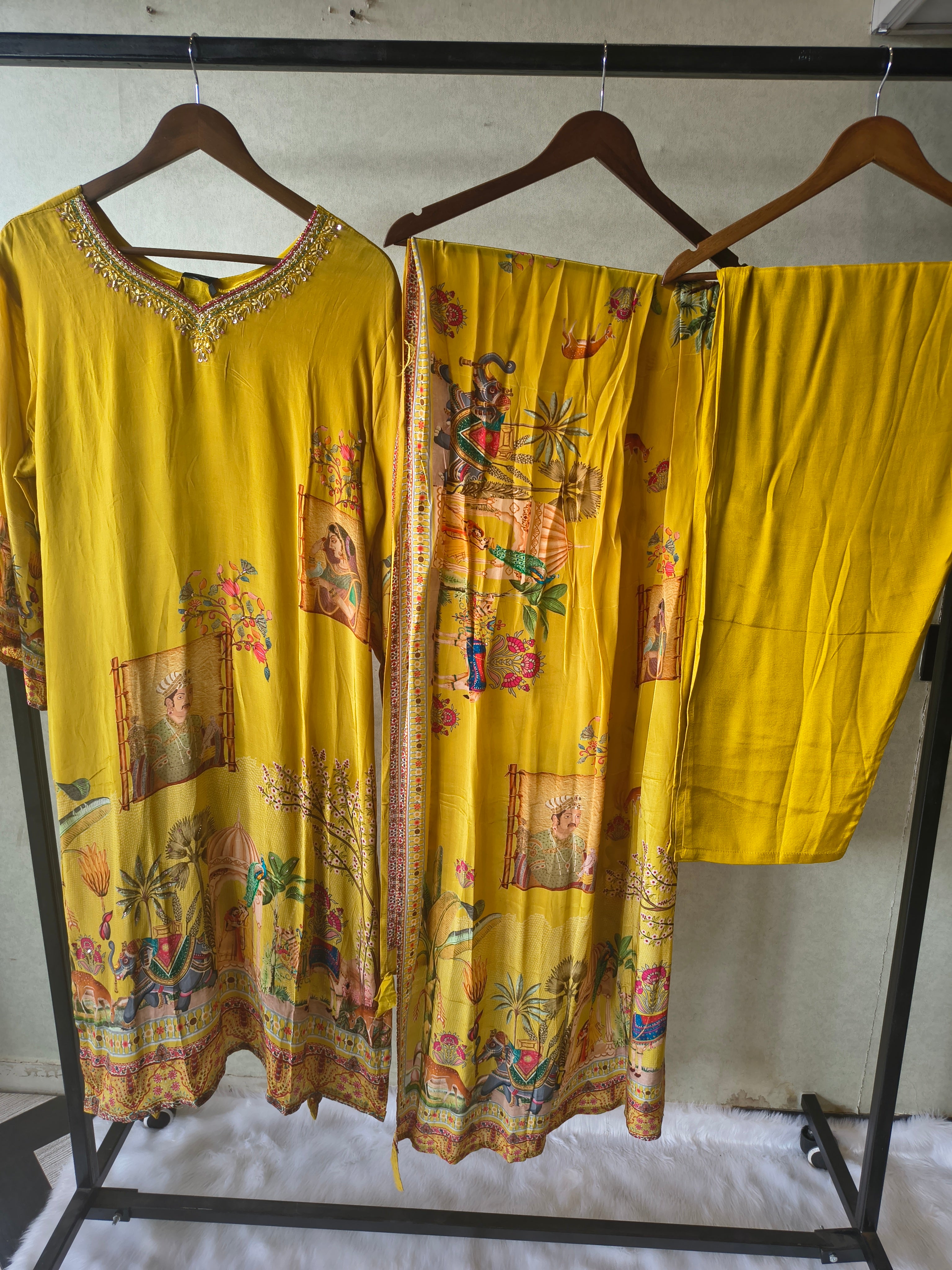 Image of Premium Mustard Yellow Heritage Print Straight Kurta Set with Scenic Dupatta & Straight Pants