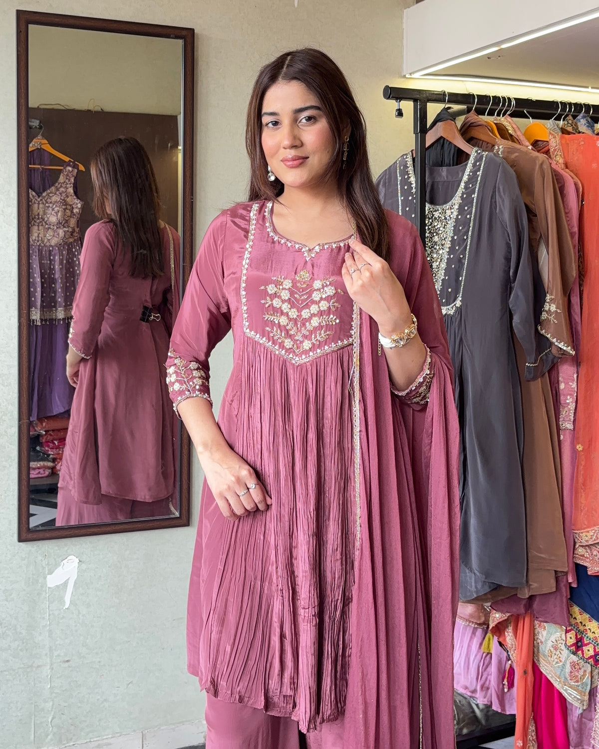 Pure Crepe 3-Piece Indo-Western Fusion Set | Designer Top & Plazzo | Handwork Detailing