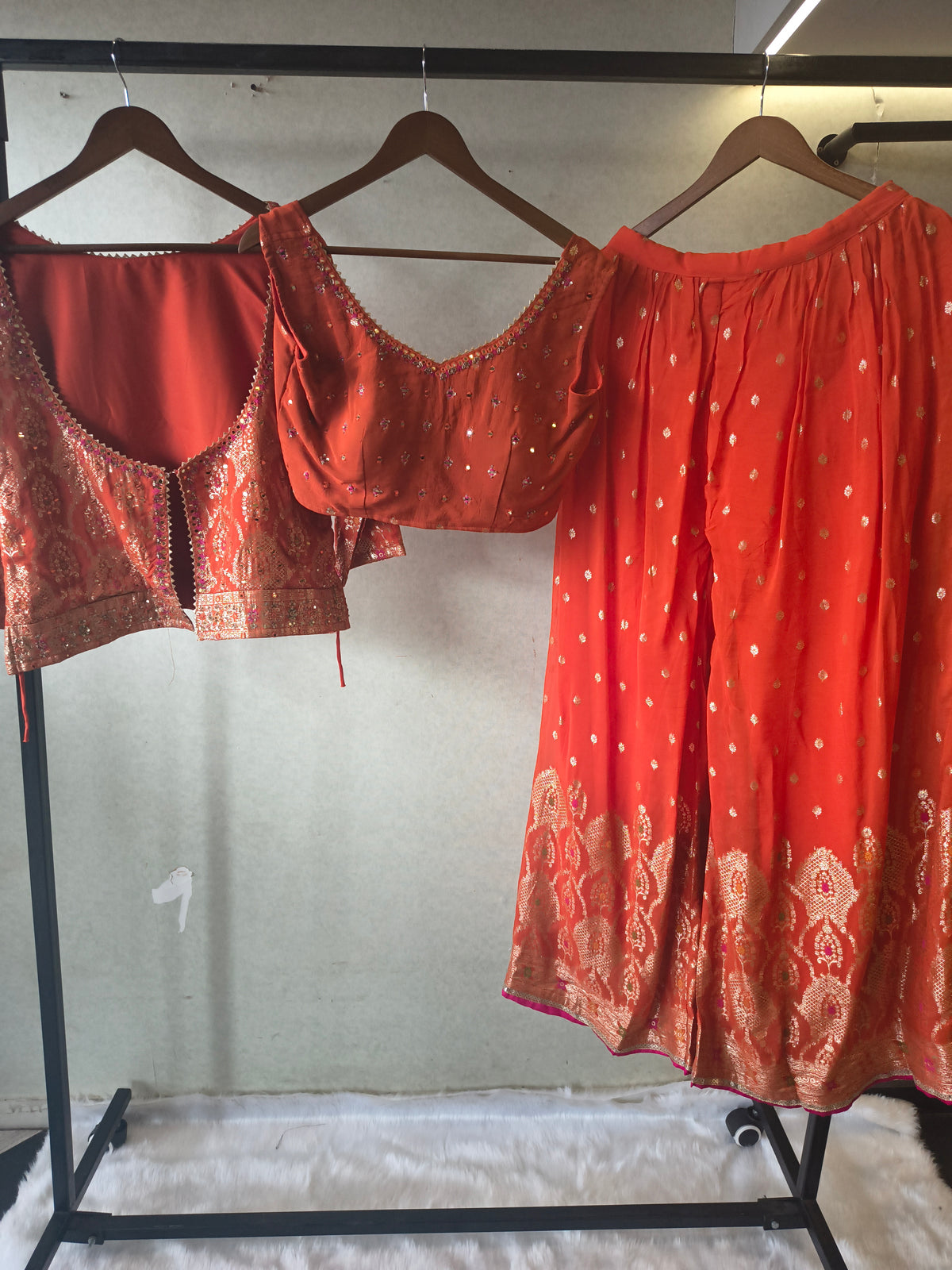 Rust Orange Banarasi Embroidered Lehenga Set with Handworked Blouse & Embellished Blouse – Designer 3 Piece Festive Ensemble