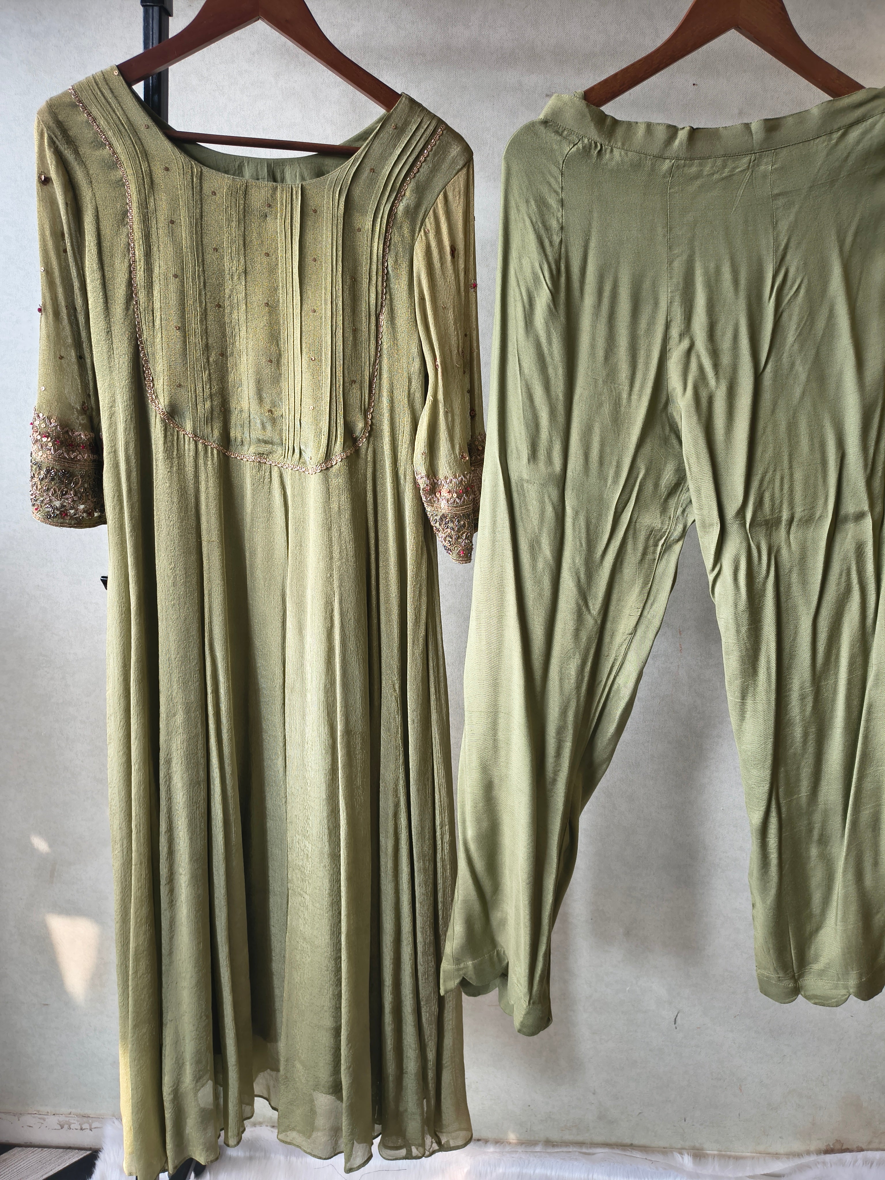 Image of Sage Green Georgette Anarkali Suit Set with Pintuck Yoke, Embroidered Sleeves & Metallic Striped Dupatta – Premium 3 Piece Ethnic Ensemble