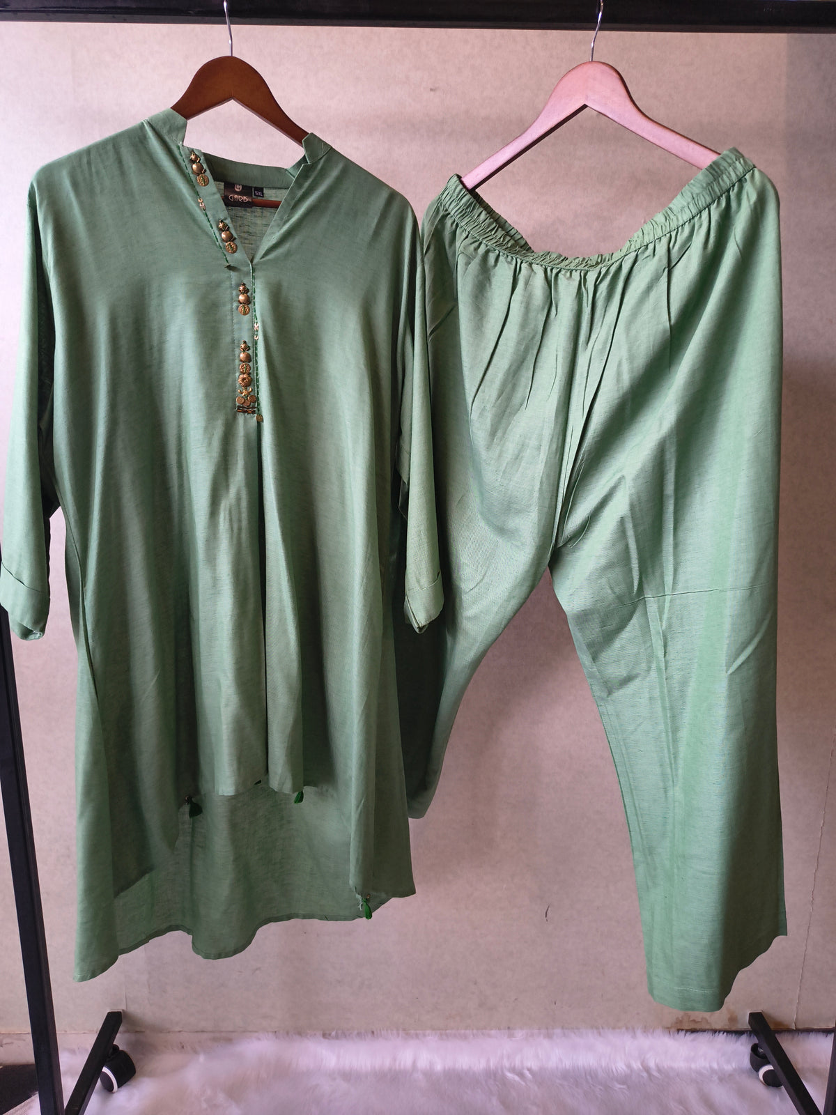 Premium Sage Green Designer Co-Ord Kurta Set with Antique Button Detailing