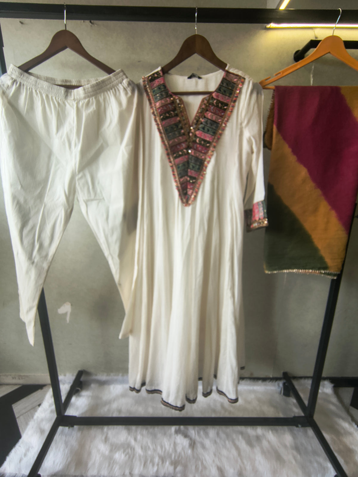 Ivory Cotton Anarkali Suit Set with Embroidered V-Neck & Colour Block Dupatta