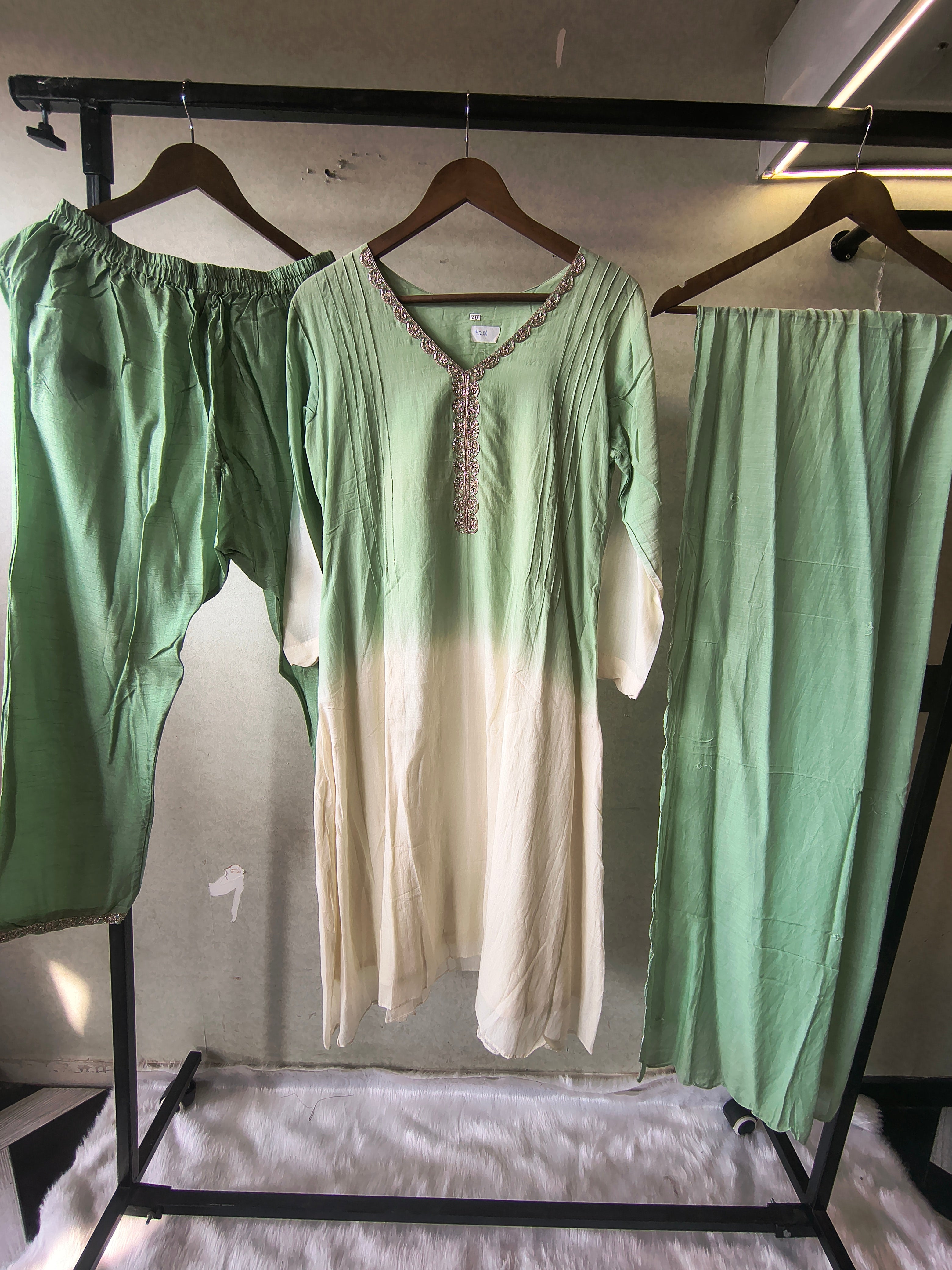 Image of Mint Green Ombre Silk Blend Kurta Set with Embellished Neckline & Matching Dupatta – Premium 3 Piece Ethnic Ensemble