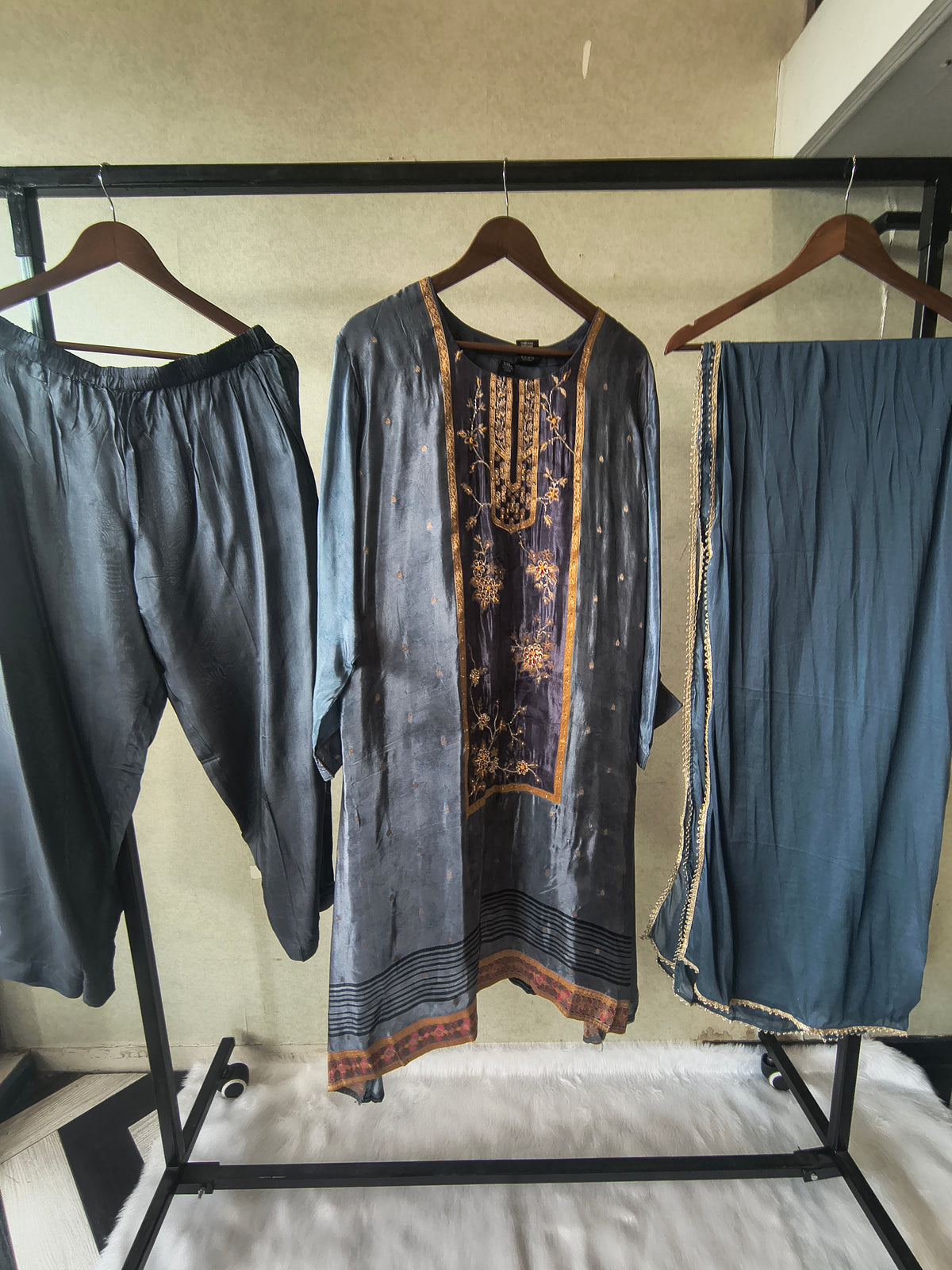 Steel Blue Designer Silk Blend Embroidered Kurta Set with Pants & Dupatta