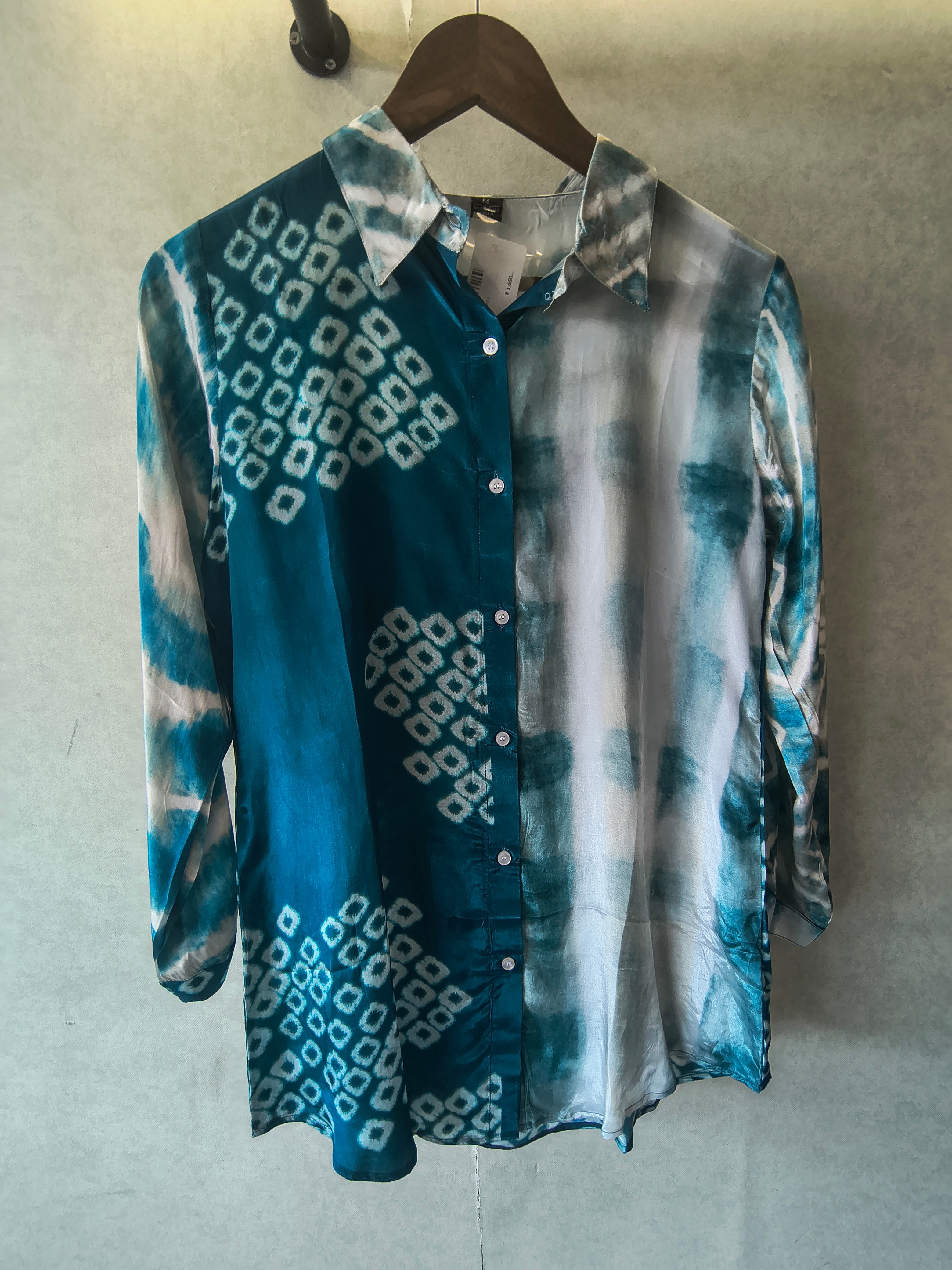 Image of Teal Shibori Print Satin Shirt Style Tunic