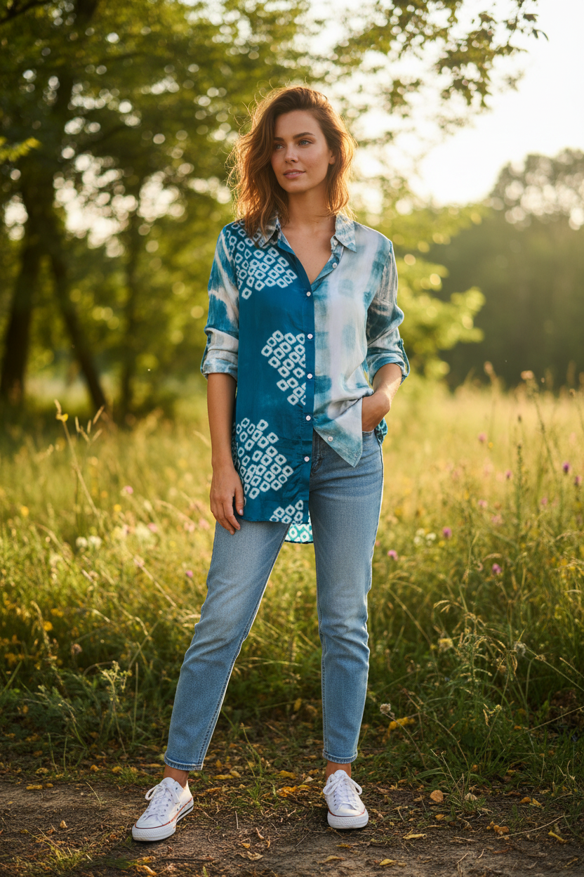 Teal Shibori Print Satin Shirt Style Tunic