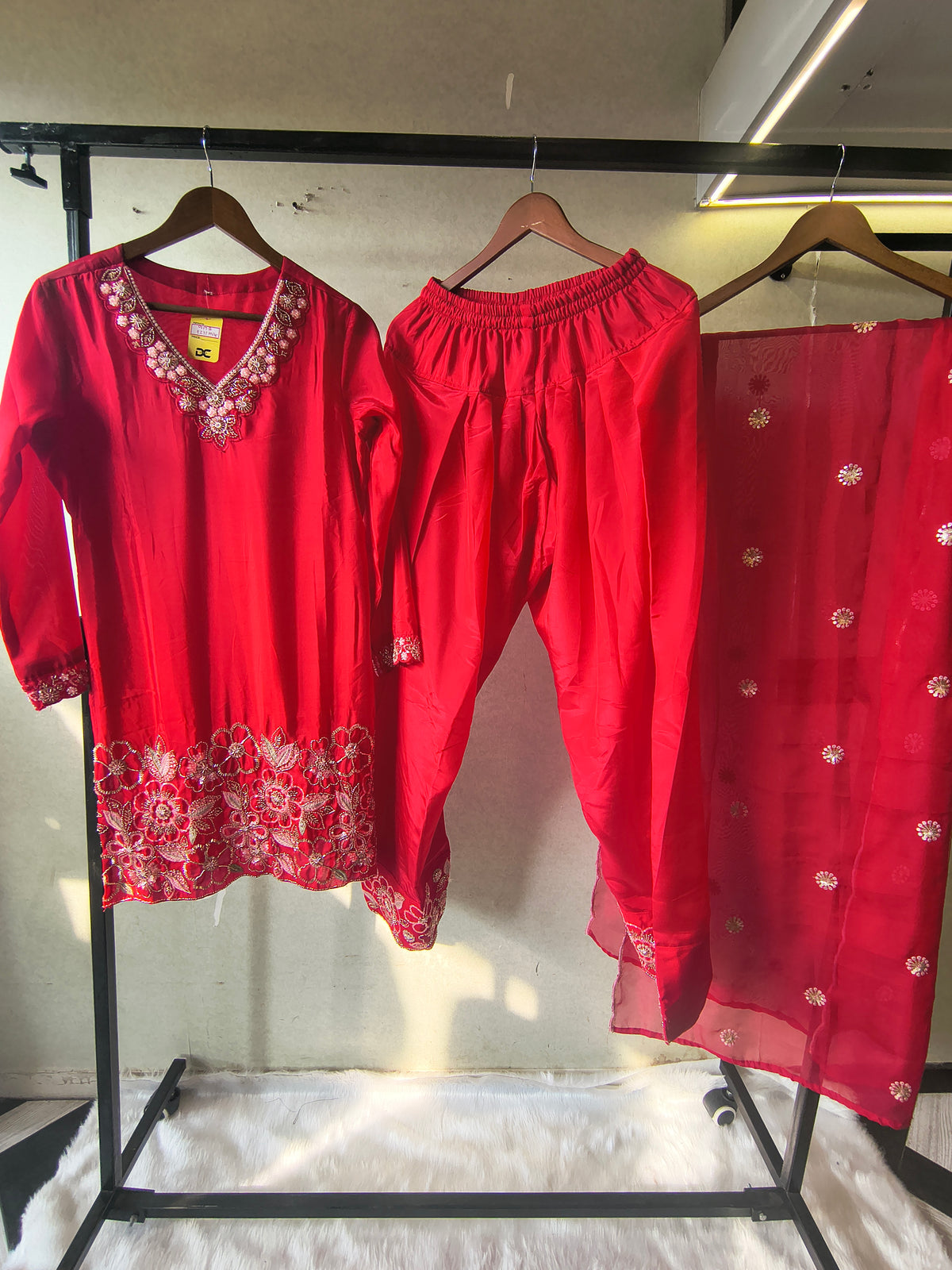 Ruby Red Embroidered Straight Kurta Set with Floral Thread Work, Designer Neckline & Embellished Dupatta – Premium 3 Piece Ethnic Ensemble