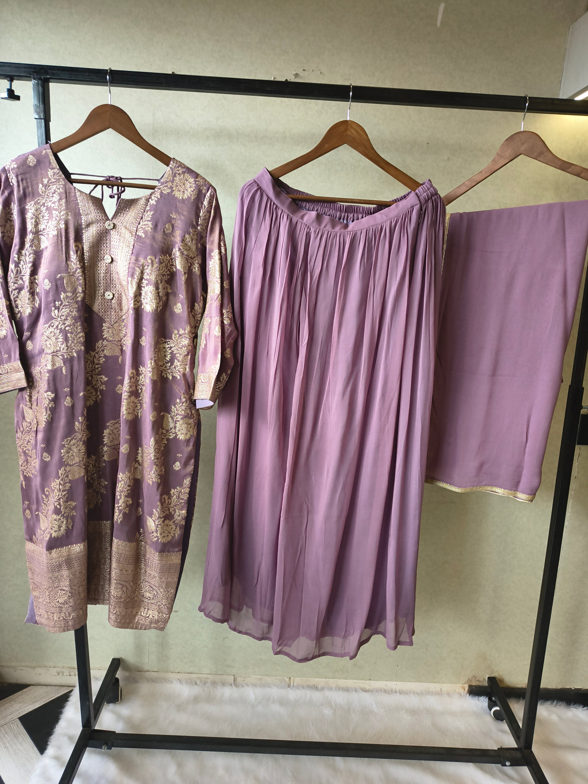 Premium Lavender Jacquard Straight Kurta with Georgette Sharara & Dupatta Set