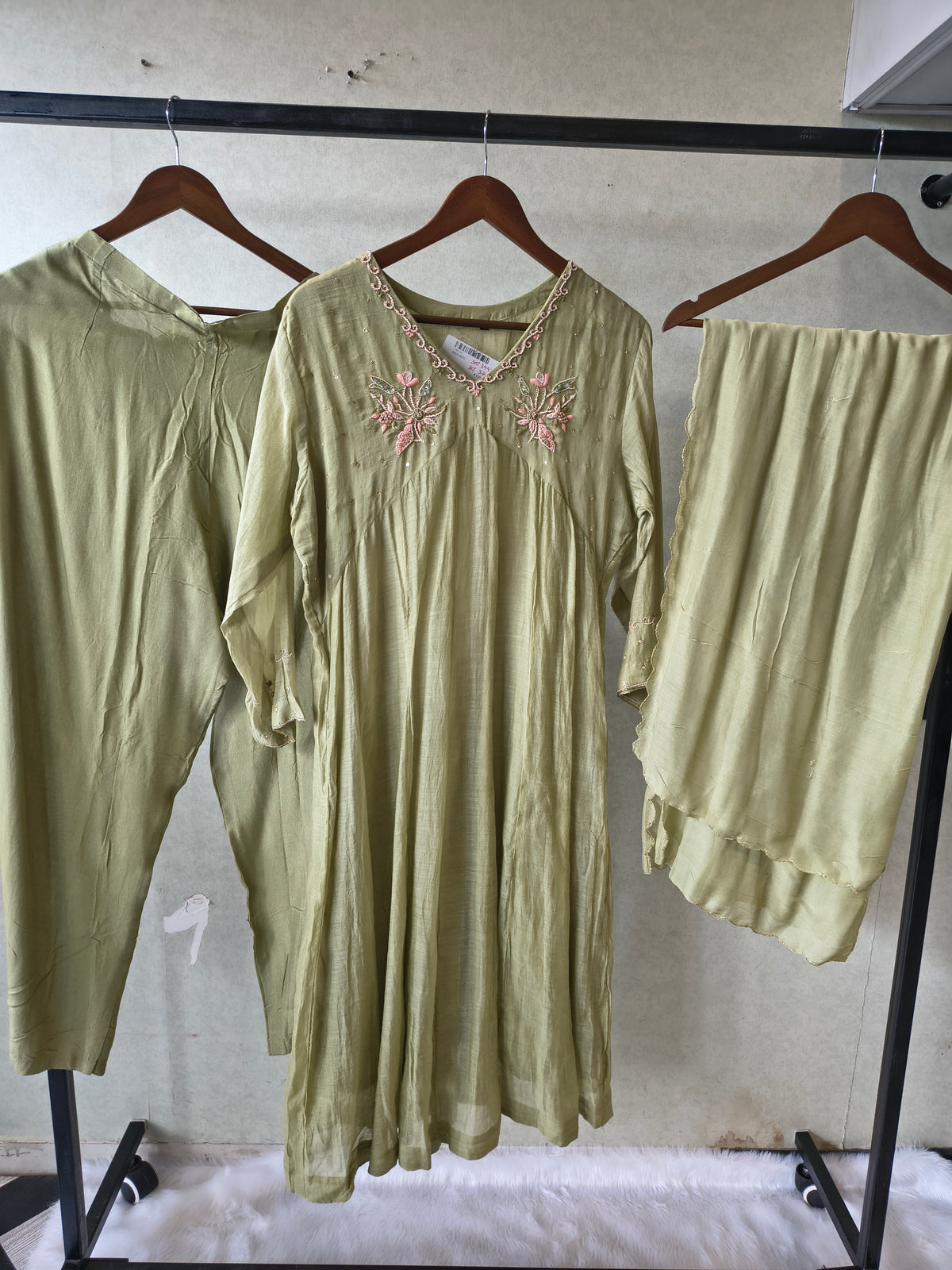 Premium Olive Green Embroidered A-Line Kurta Set with Dupatta