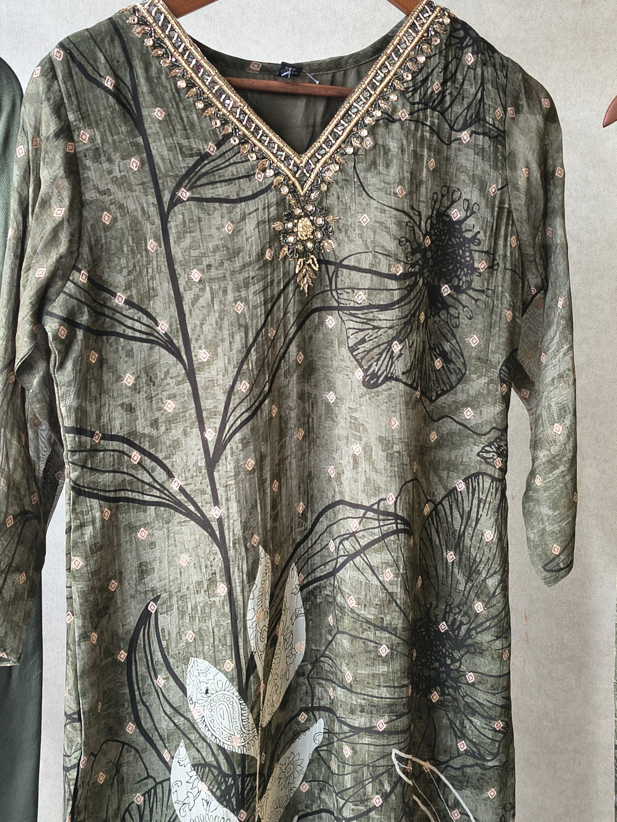 Premium Olive Botanical Print Straight Kurta with Cigarette Pants & Dupatta Set