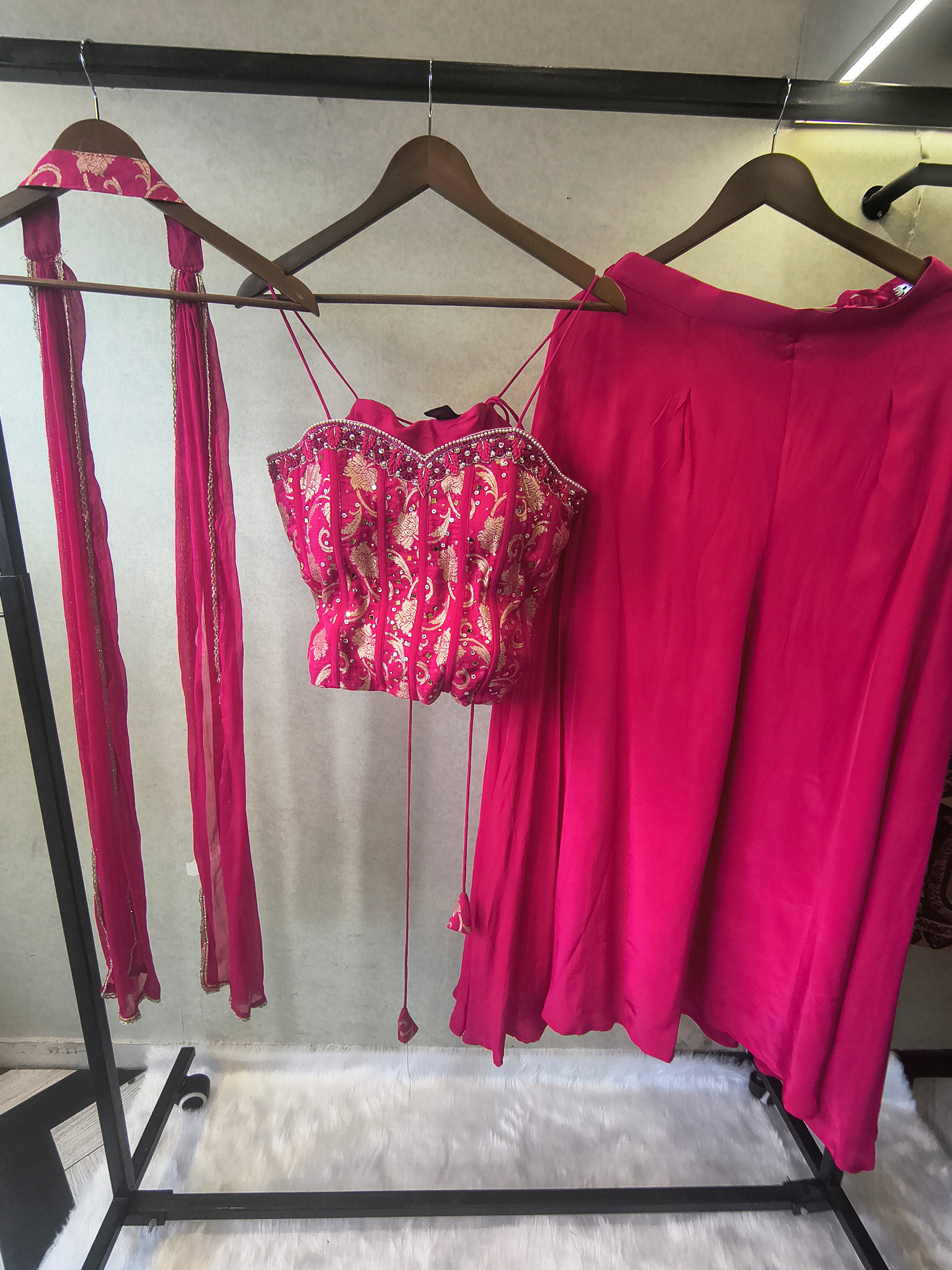 Image of Luxury Rani Pink Corset Blouse with Flared Palazzo & Embellished Choker Dupatta – 3 Piece Designer Indo-Western Set