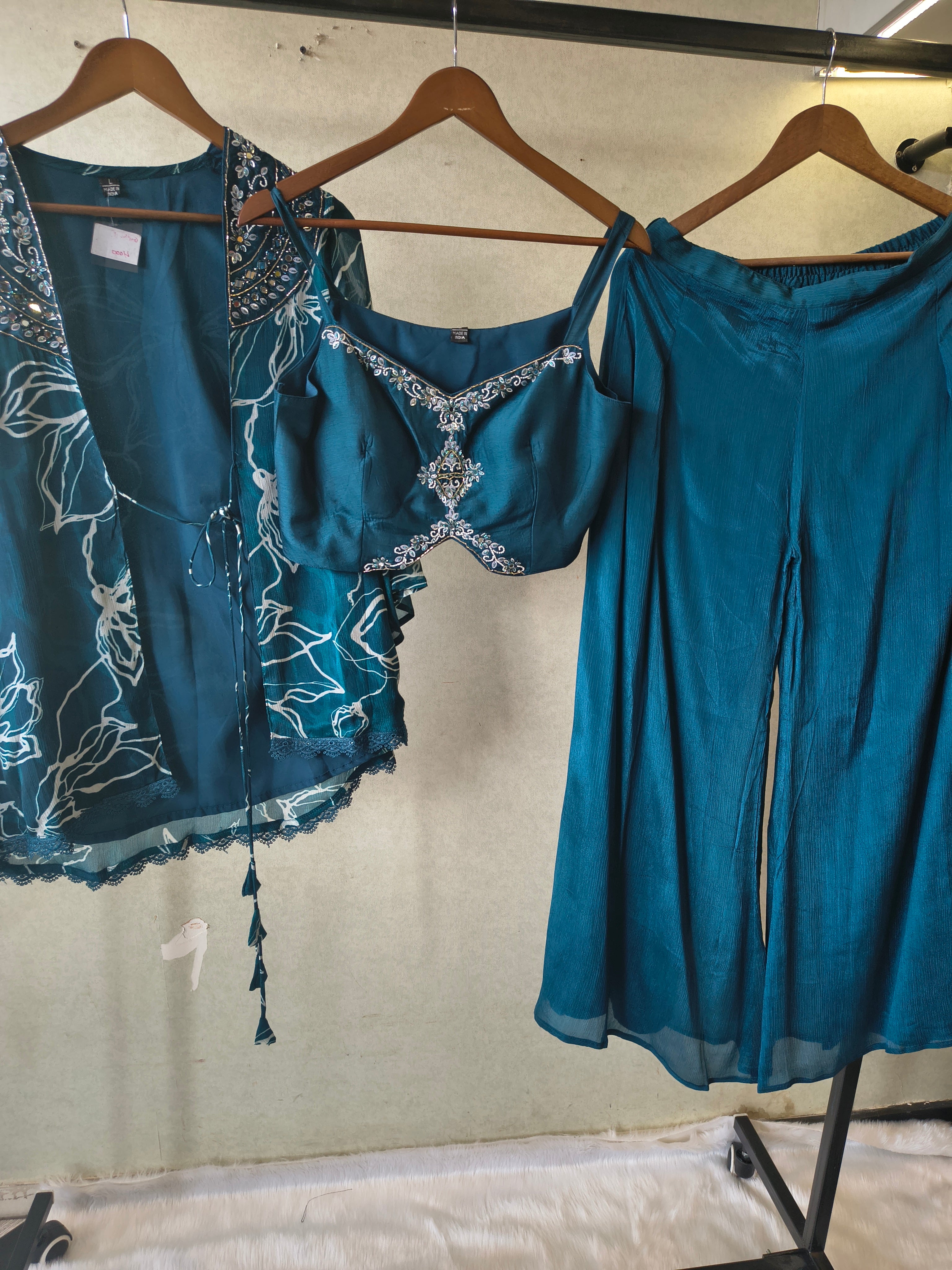 Image of Teal Printed Shrug with Embroidered Designer Bralette & Flared Palazzo – 3 Piece Indo-Western Co-Ord Set