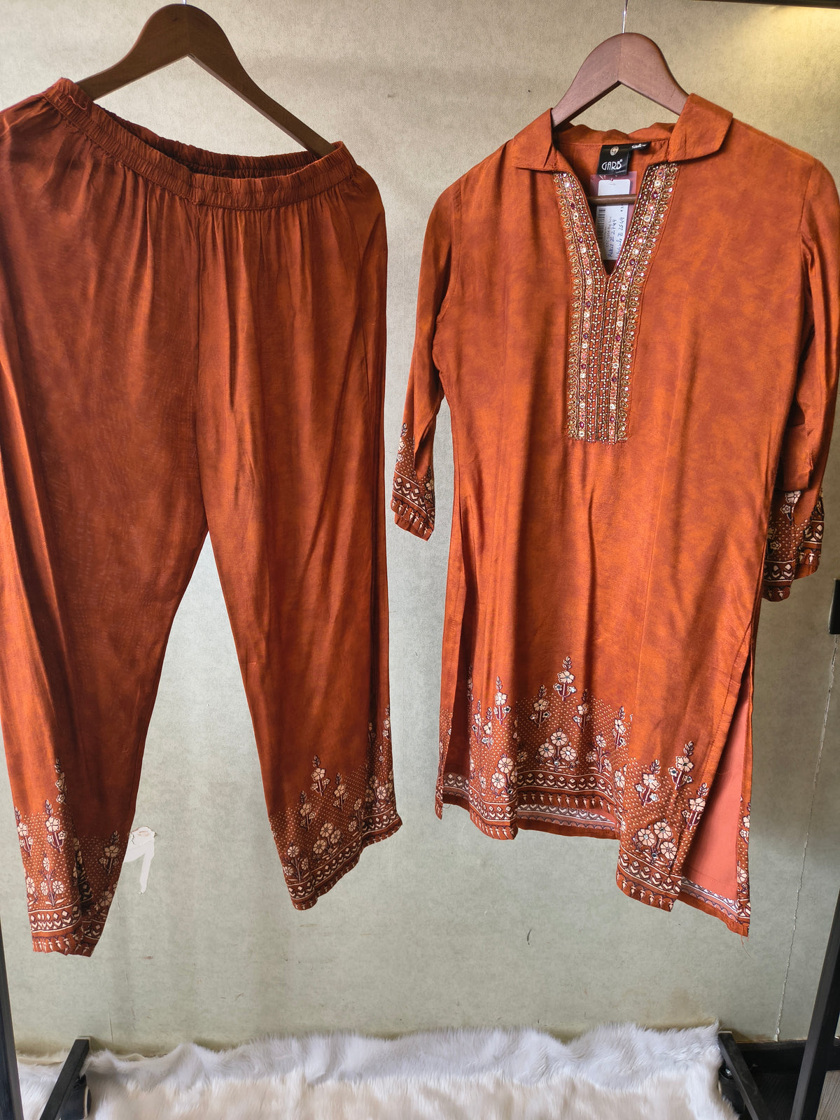 Rust Brown Designer Ethnic Co-Ord Set with Embellished Neckline & Printed Borders
