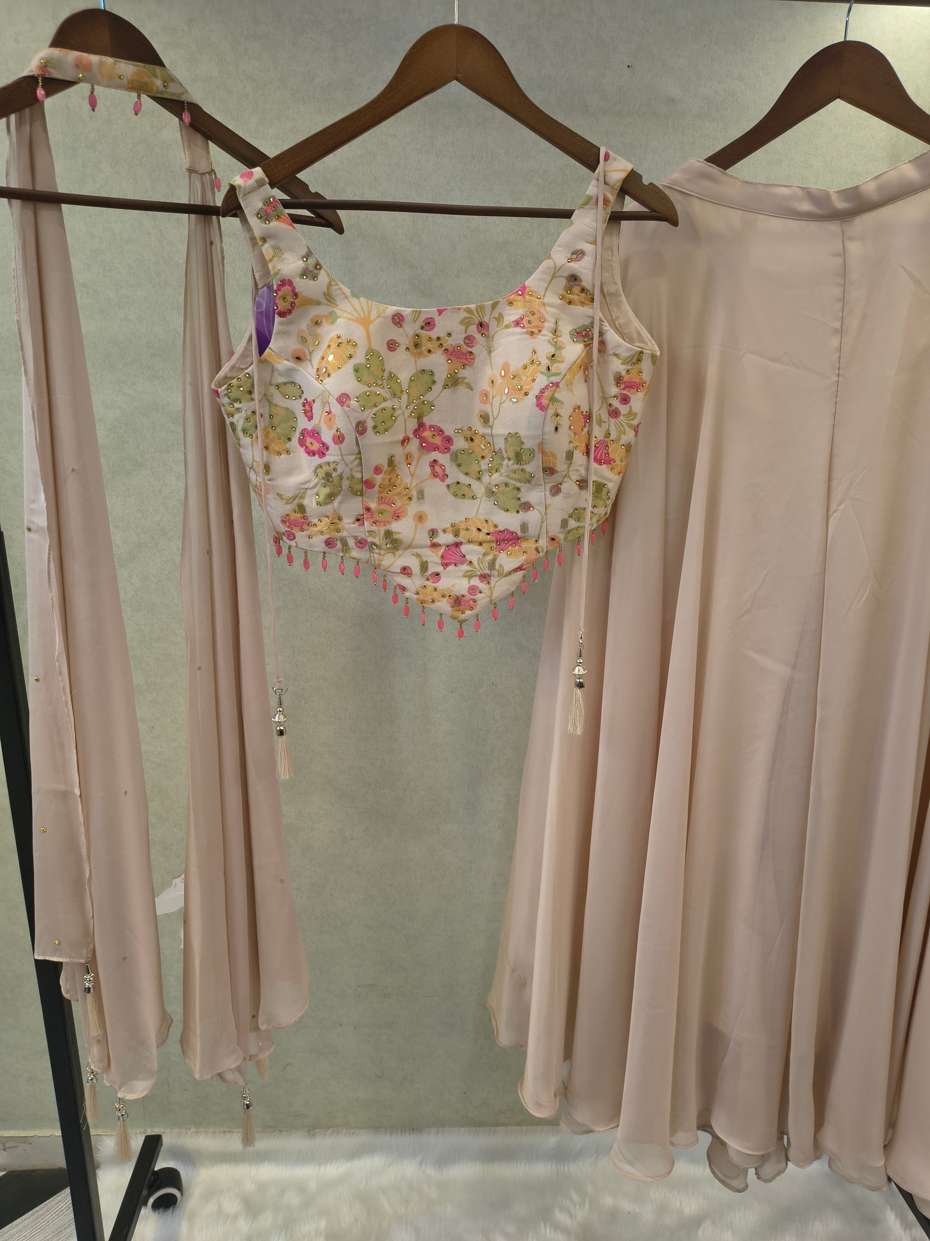 Image of Blush Pink Floral Embroidered Blouse with Flared Palazzo & Choker Dupatta – 3 Piece Designer Indo-Western Set