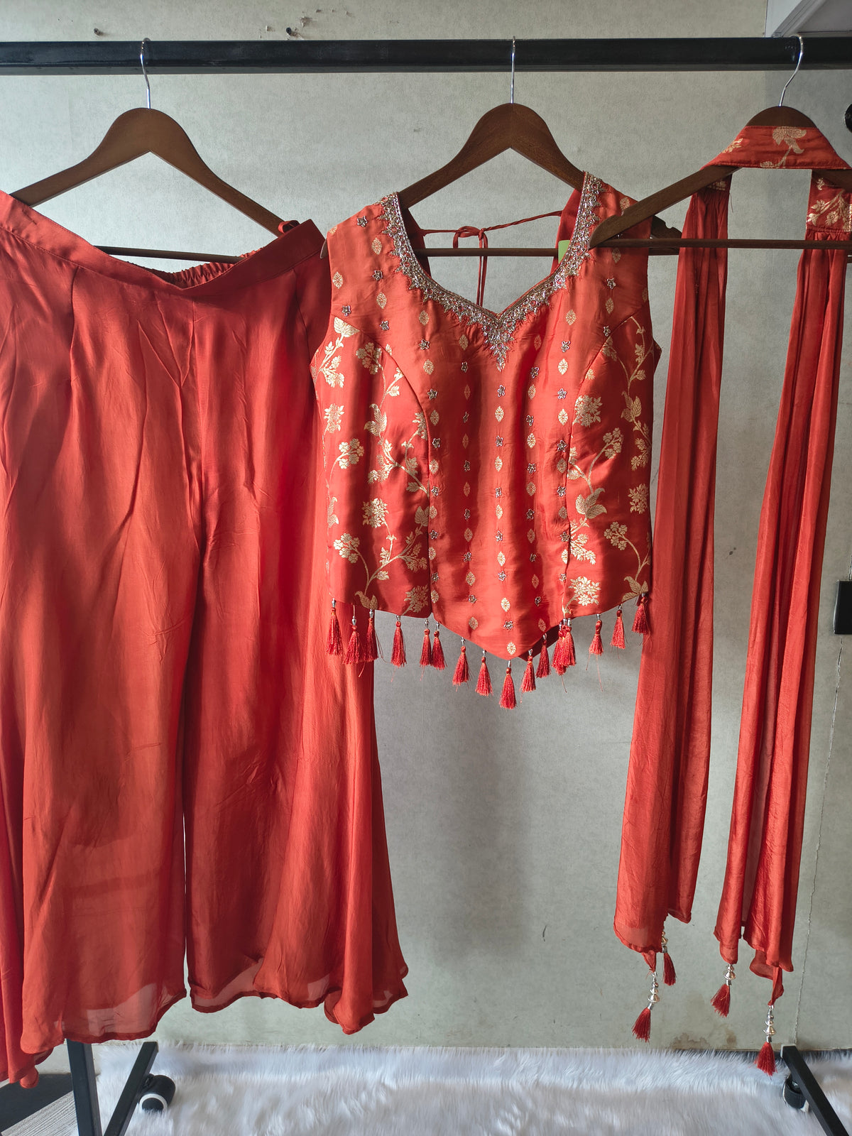 Premium Rust Orange 3-Piece Designer Lehenga Set with Zari Embroidered Peplum Blouse & Tassel Dupatta
