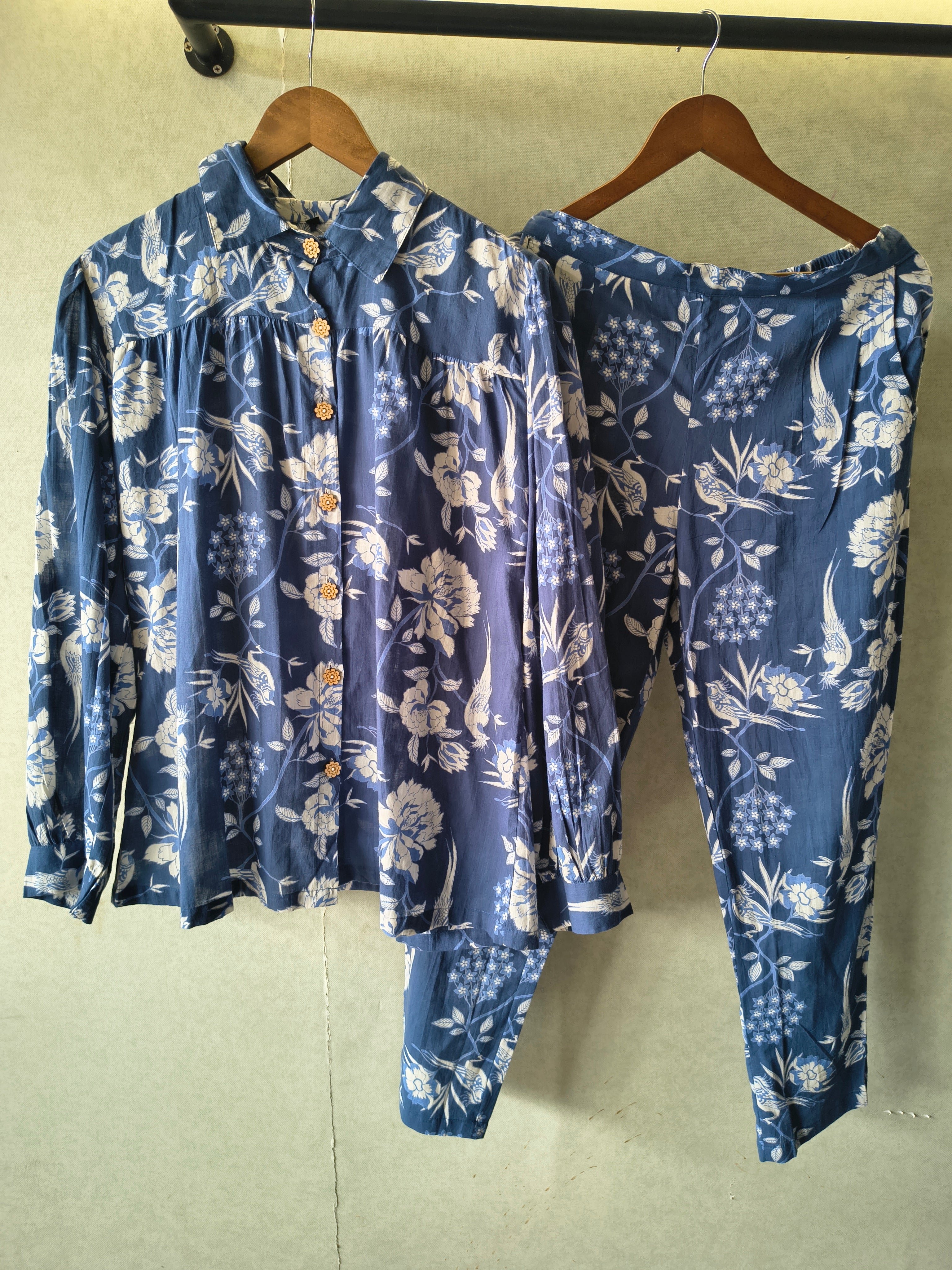 Image of Premium Blue Floral Bird Print Shirt Co-Ord Set