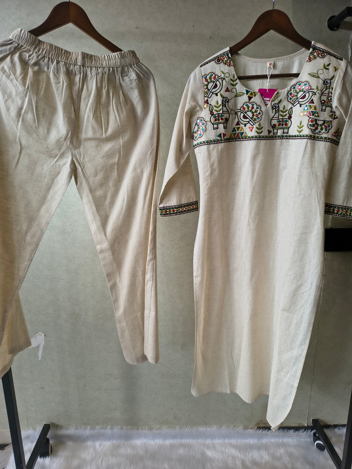 Ivory Cotton Linen Kurta Set with Multicolour Folk Embroidery & Straight Pants