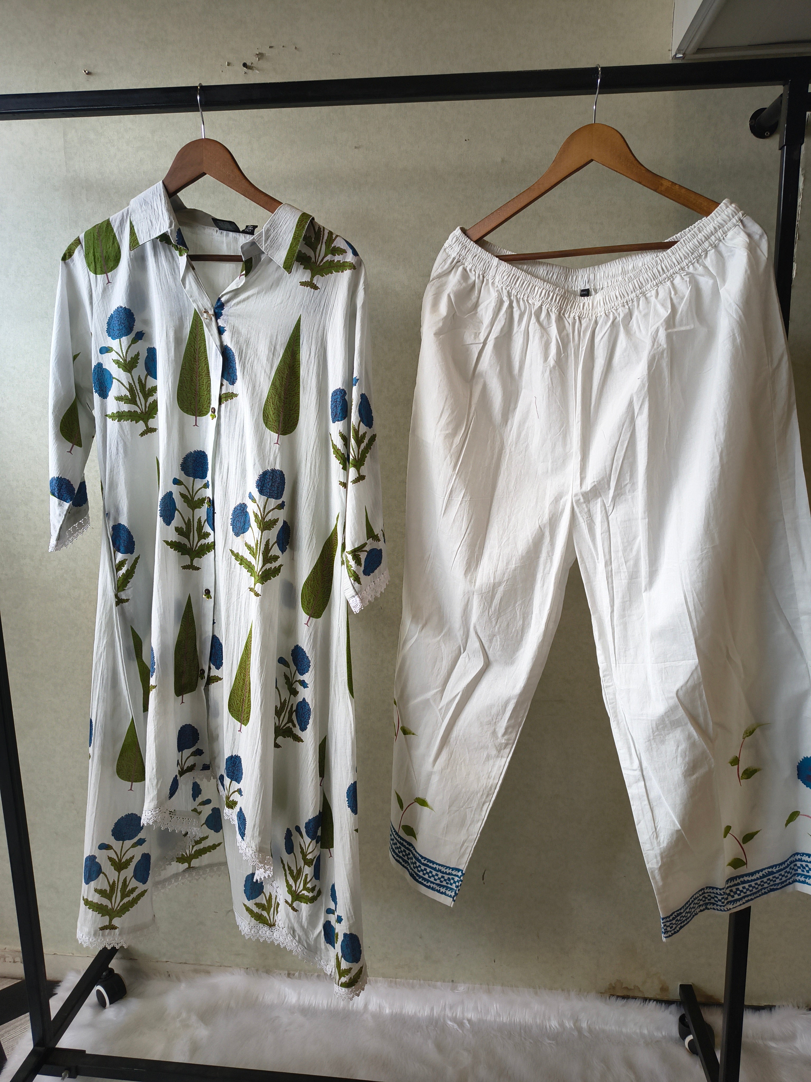 Image of Premium White Botanical Printed High-Low Kurta Set with Designer Pants