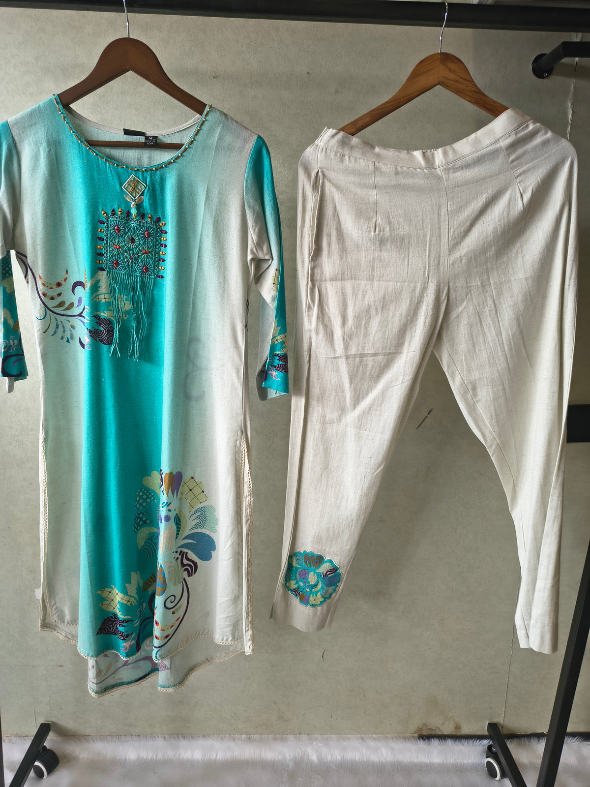 Premium Aqua Ombre Linen Blend Kurta Set with Handcrafted Embroidered Tassel Patch & Embroidered Pants