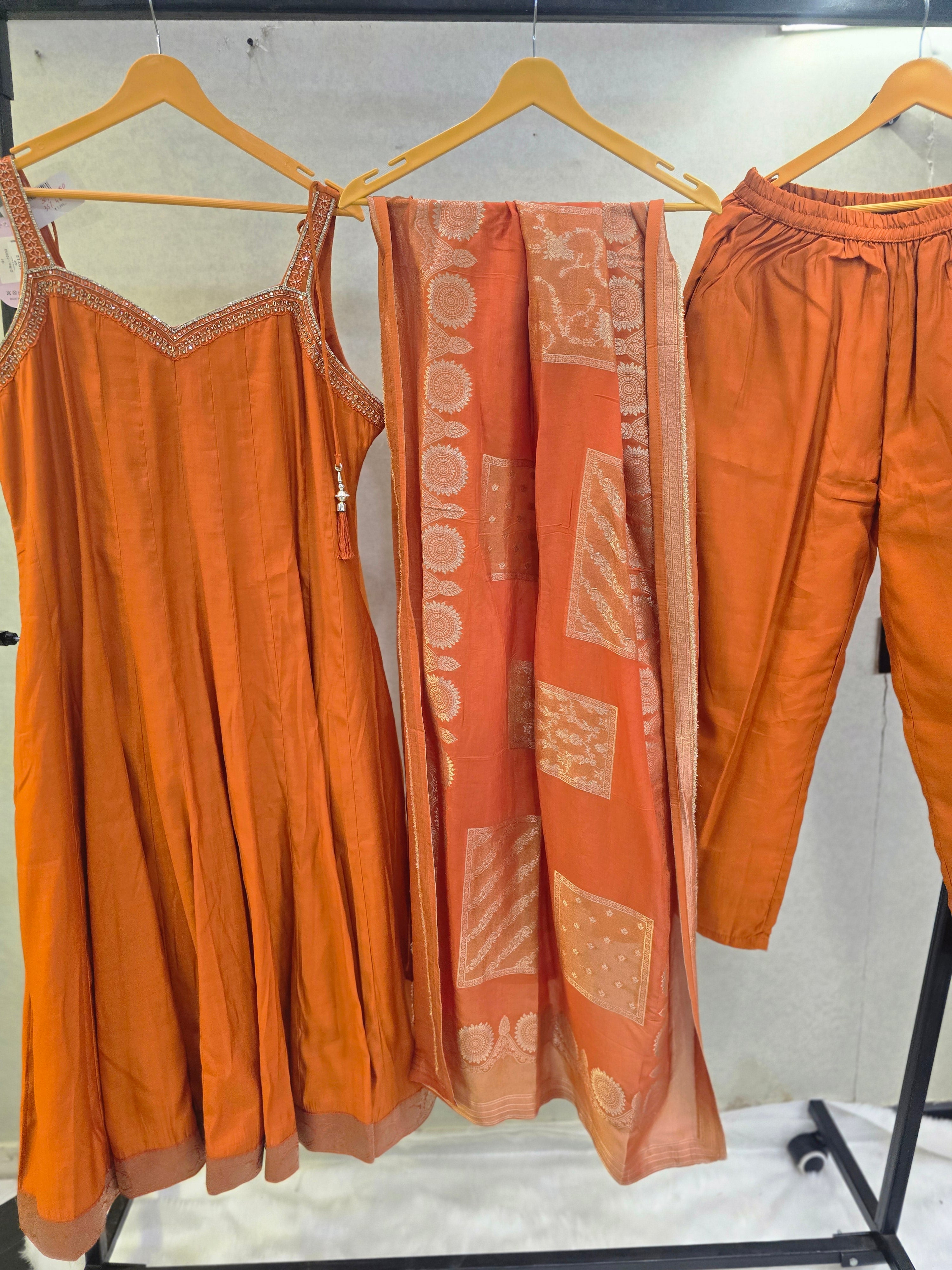 Image of Rust Orange Embellished A-Line Kurta Set with Printed Dupatta | Premium 3 Piece Ethnic Suit
