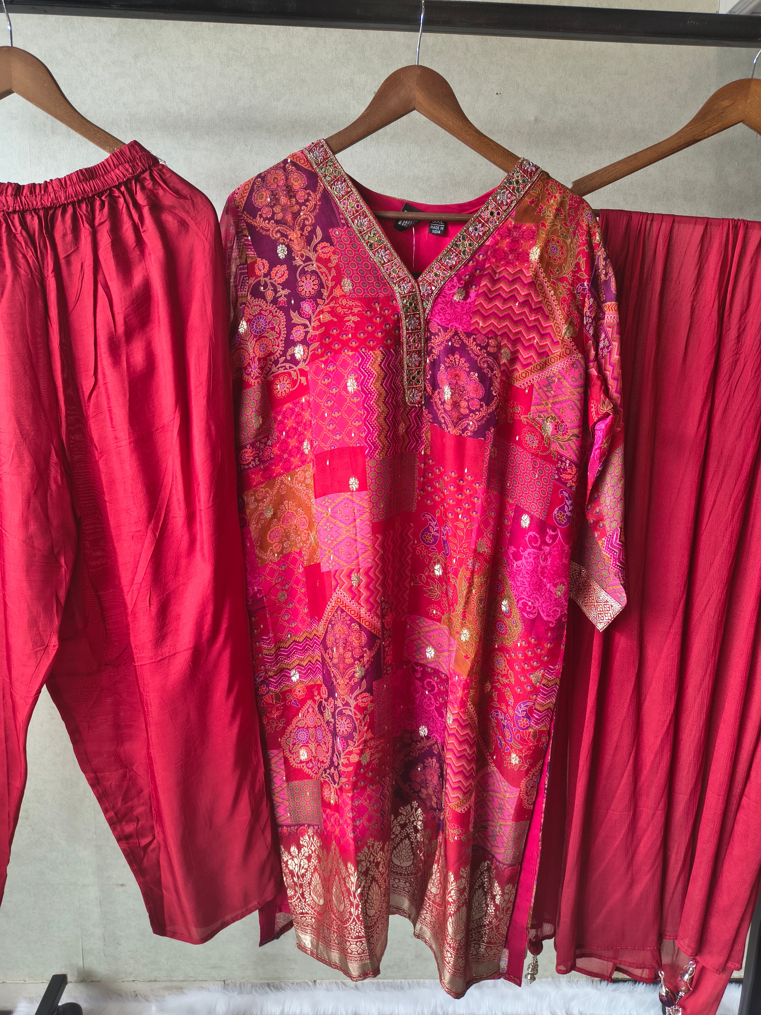Image of Premium Crimson Red Patchwork Printed Kurta Set with Embellished V-Neck, Solid Pants & Chiffon Dupatta