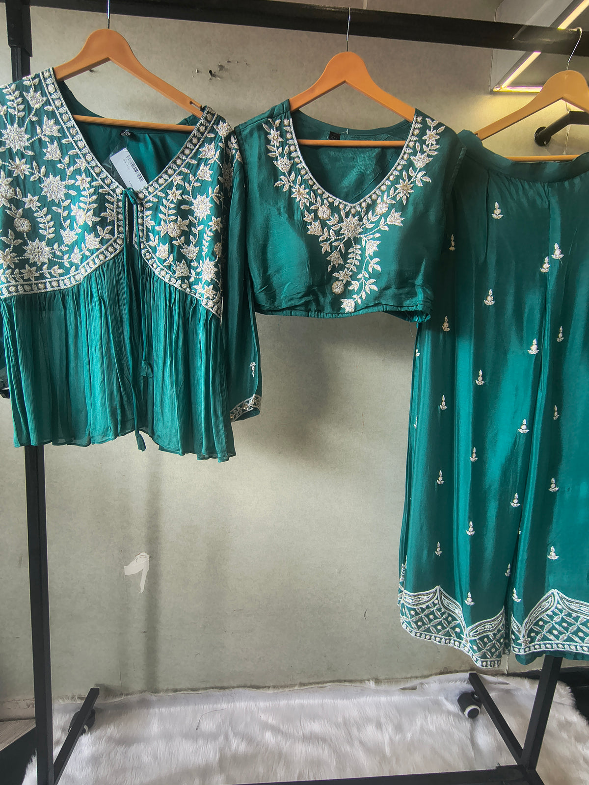 Emerald Green Embroidered Peplum Jacket with Blouse & Flared Palazzo – Designer 3 Piece Indo-Western Set